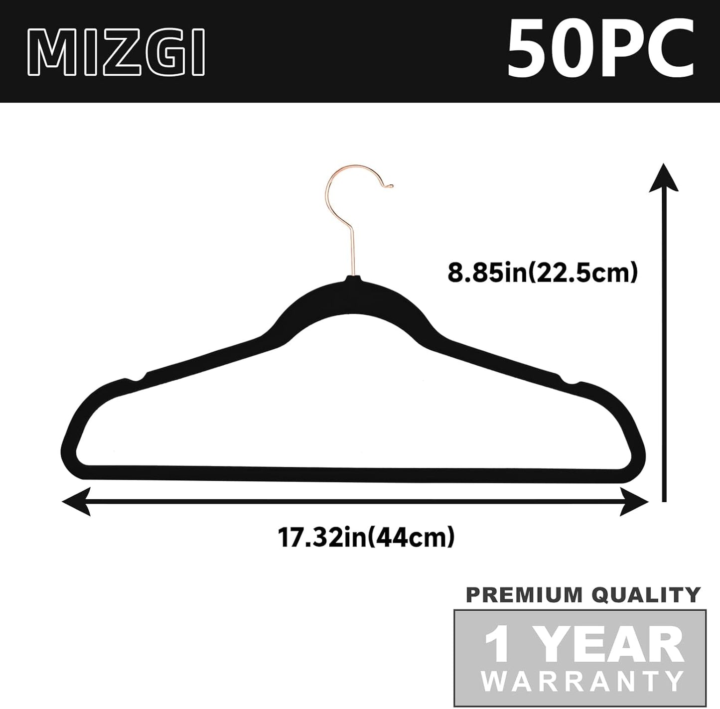 MIZGI Premium Velvet Hangers (50 Pack) Heavy Duty - Non Slip Felt Hangers - Velvet Suit Hanger Black - Rose Gold Hooks,Space Saving Clothes Hanger