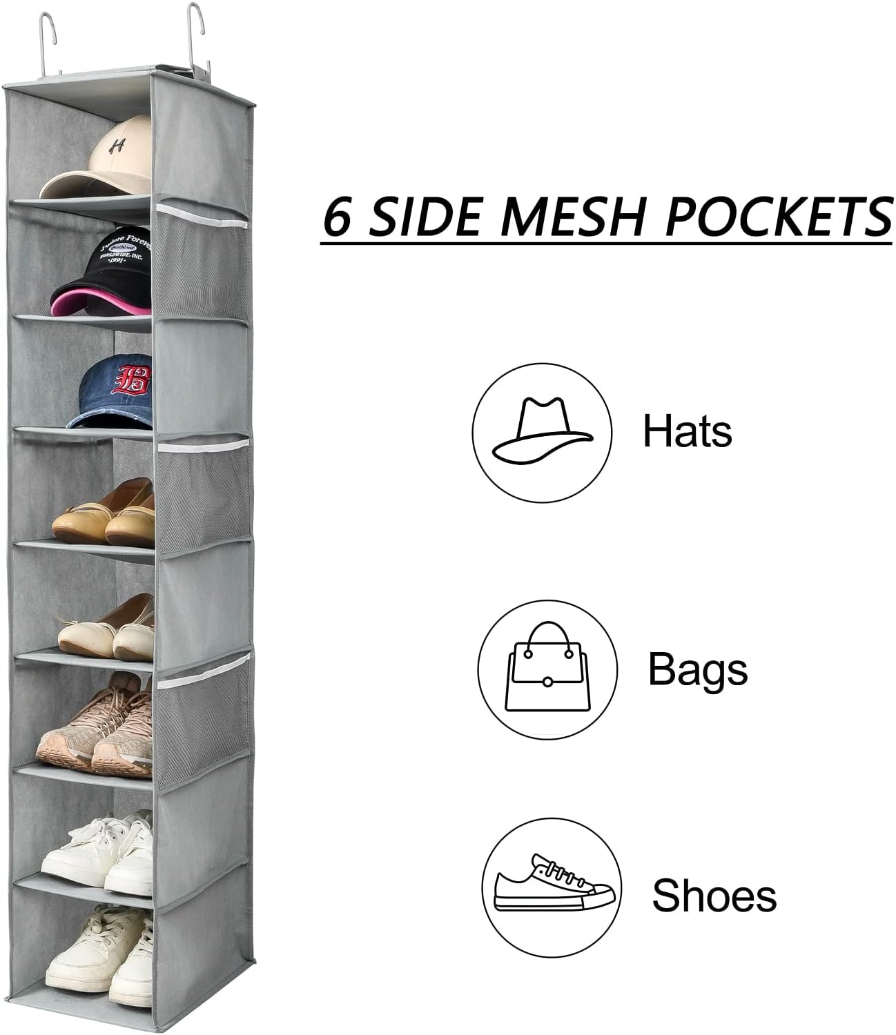 Hanging Shoe Organizer for Closet with Side Mesh Pockets,Hat Racks for Baseball Caps,Shoe and Hat Holder & Storage,8-Shelf,Gray,1 Pack