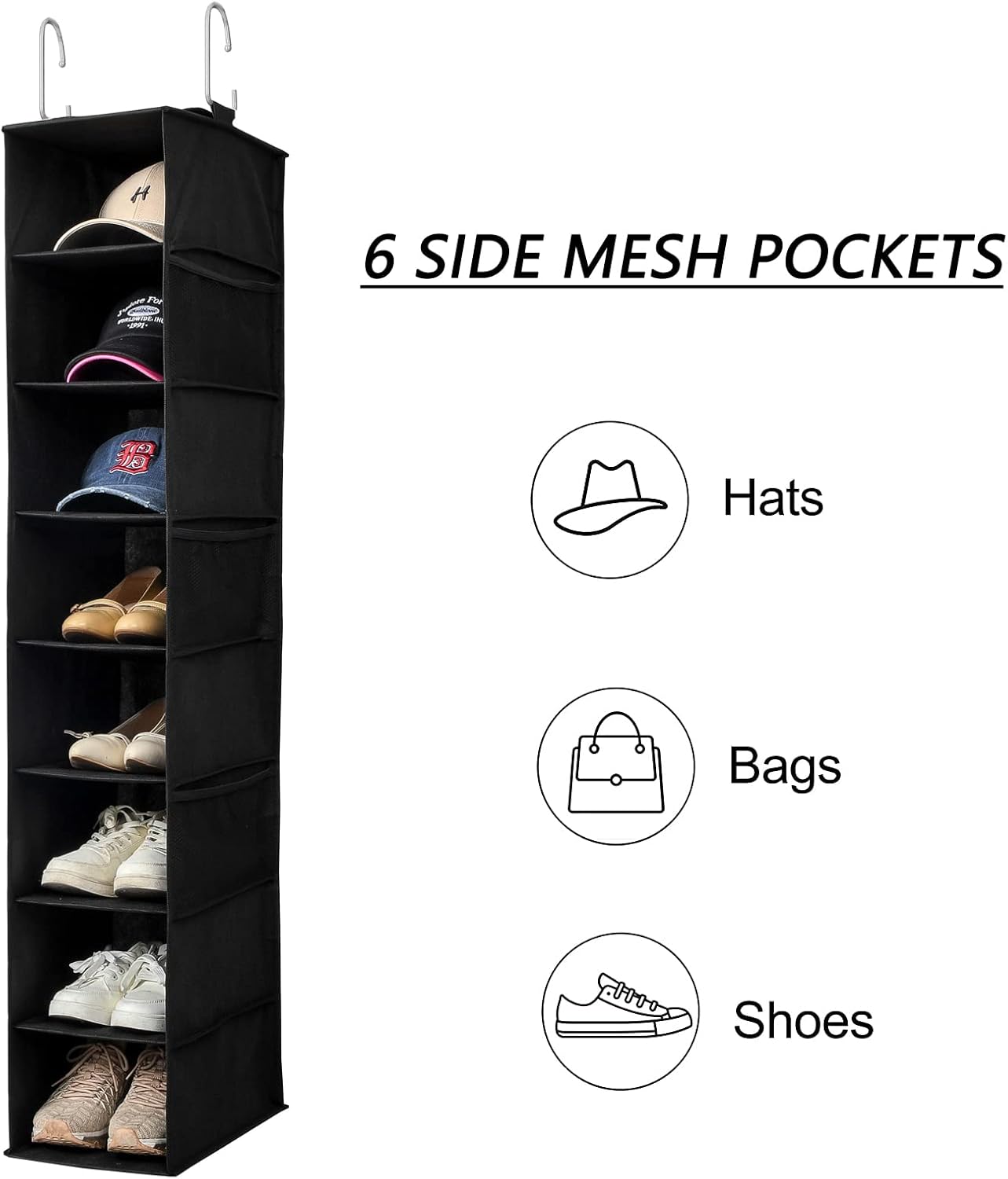 Hanging Shoe Organizer for Closet with Side Mesh Pockets,Hat Racks for Baseball Caps,Shoe and Hat Holder & Storage,8-Shelf,Black,2 Pack