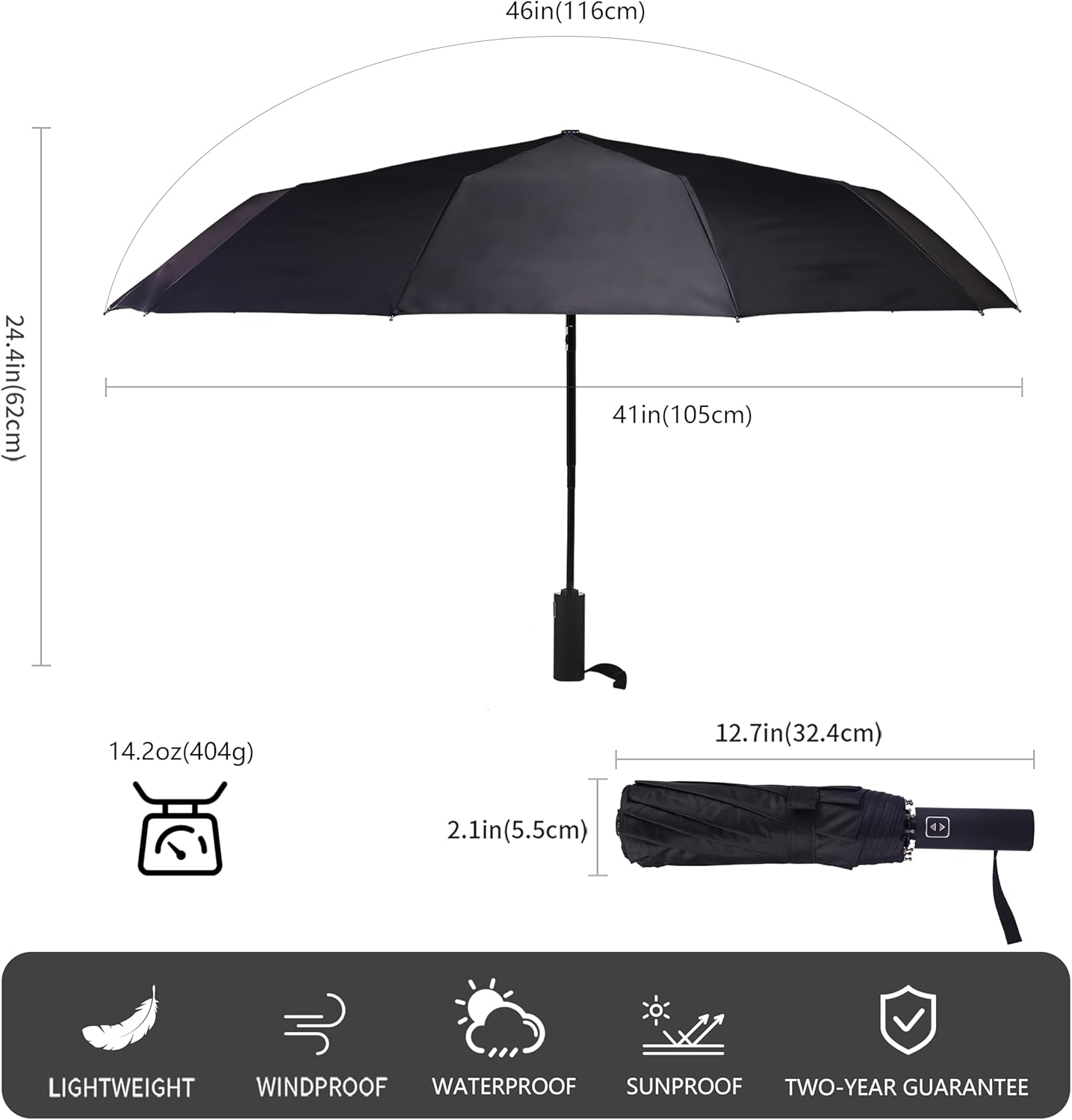 Double 10-Rib 46 Inch Compact Travel Umbrella for Rain - Sturdy Portable Windproof Umbrella - Small Automatic Folding Umbrella