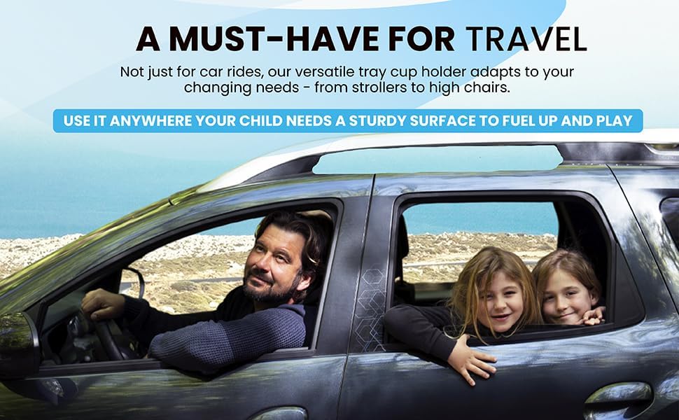 Complete Kids Travel Tray Kit - Easily Expands Cup Holder into 360° Cup & Travel Tray for Kids Car Seat, Booster, and Stroller - Toddler Road Trip Essentials Set Includes Coaster & Brush (Pink)