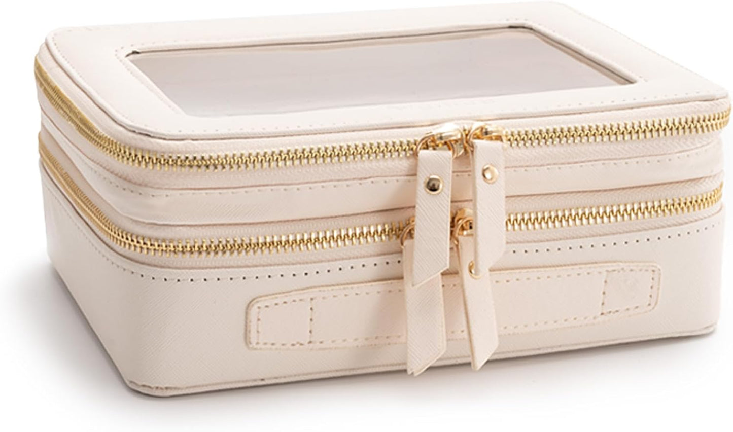 Aveniee Large Clear Makeup Bags, Double Layer Cosmetic Bags with Separate Brush Compartment, Travel Toiletry Bag Cosmetic Train Case, Travel Accessories Organizer for Women(2 Layers, White)