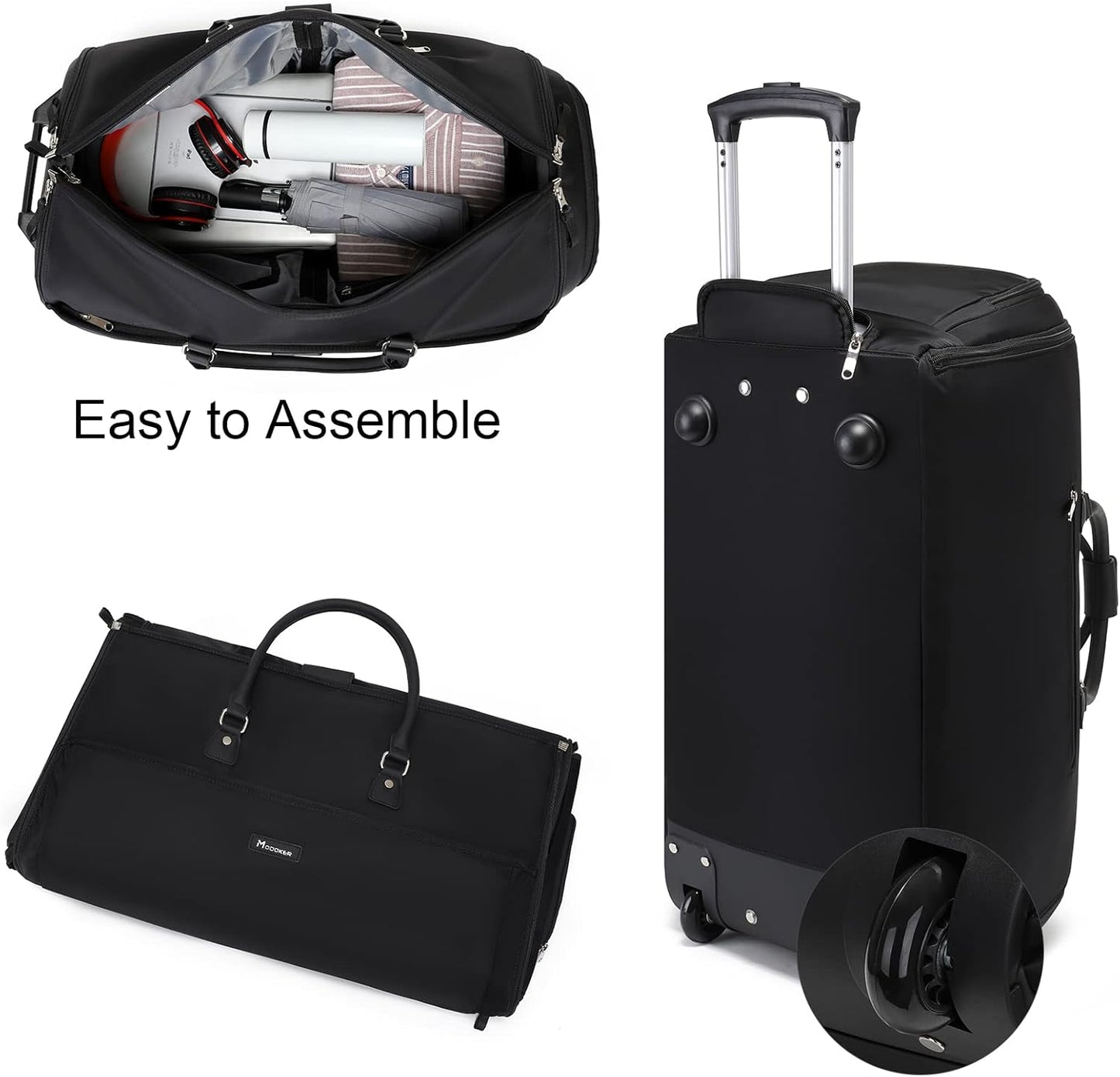 Modoker Rolling Garment Bags, Large Garment Duffle Bag with Wheels, 3 in 1 Garment Suit Luggage Bag for Women Men Business Travel Weekender, Black