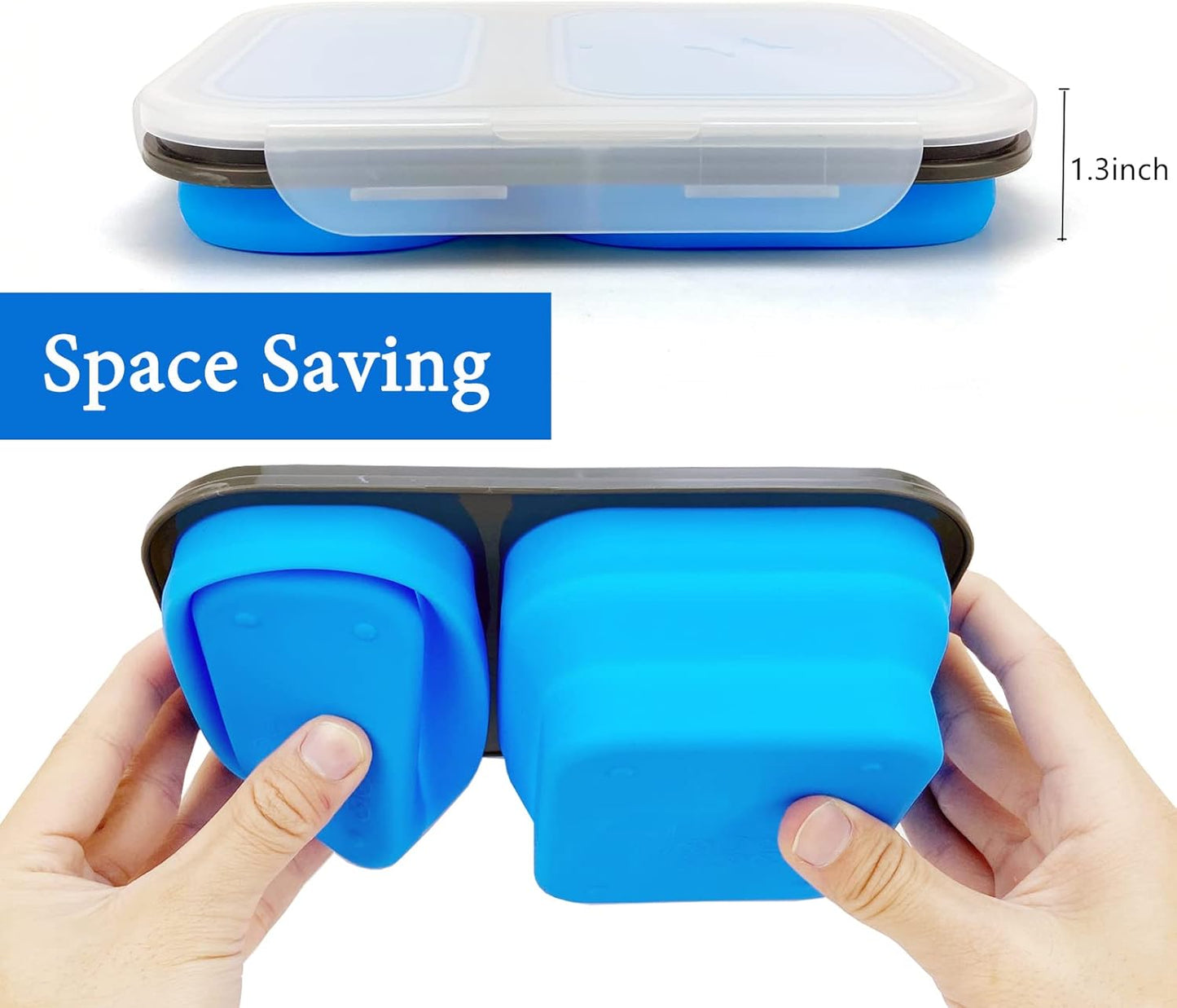 2 Compartments Collapsible Airtight Bento Box with Ideal Portion 600ml & 450ml and 2 in 1 Spoon & Fork, Food Grade Silicone Lunch Container for Adults Work Travel, Microwave Safe