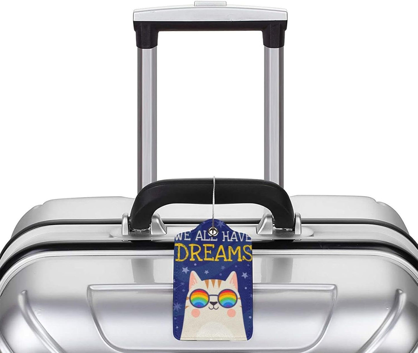 2 Cute Cat with Rainbow in Eye Glasses Luggage Tags, We All Have Dreams Encouraging Letters Suitcase Tag Privacy Name ID Card Travel Bag Labels for Friends Adults Kids