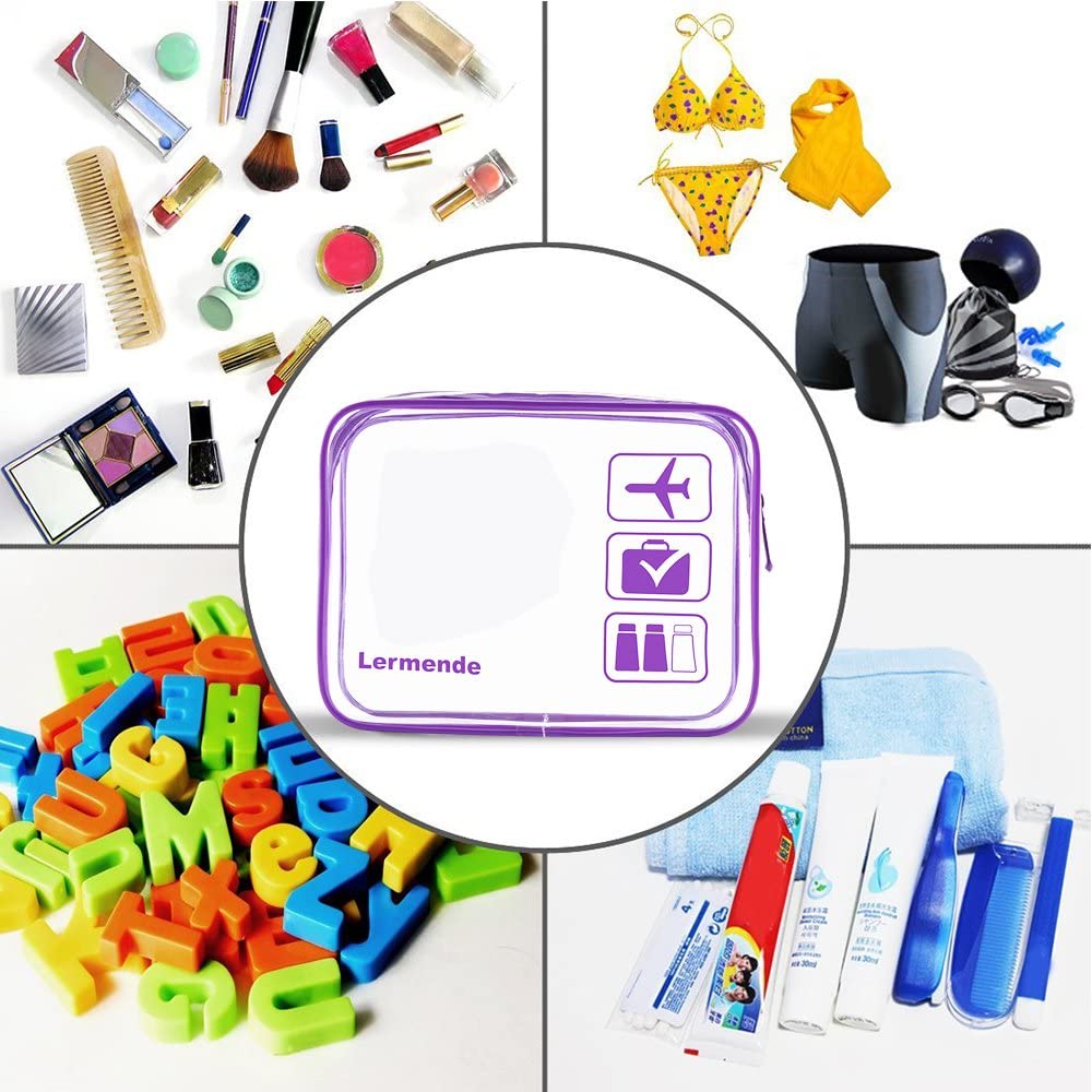 Lermende 2pcs Clear Toiletry Bag TSA Approved Travel Bag,Carry On for Travel,Airport Airline Accessories Compliant Bag,Quart Sized Makeup Cosmetic bag Women Men (Purple, 3 Pack)