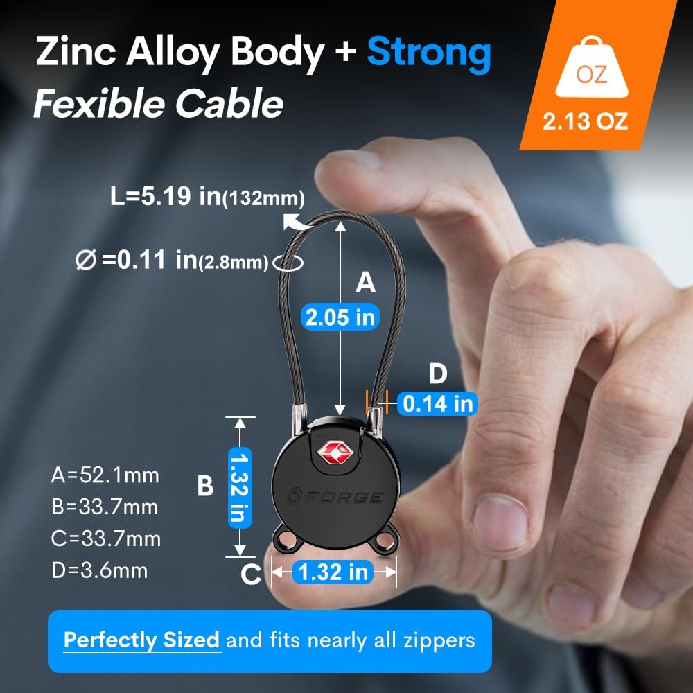 Forge TSA Approved Luggage Locks Ultra-Secure Dimple Key Cable Locks for Travel with Zinc Alloy Body- 6 Black Locks