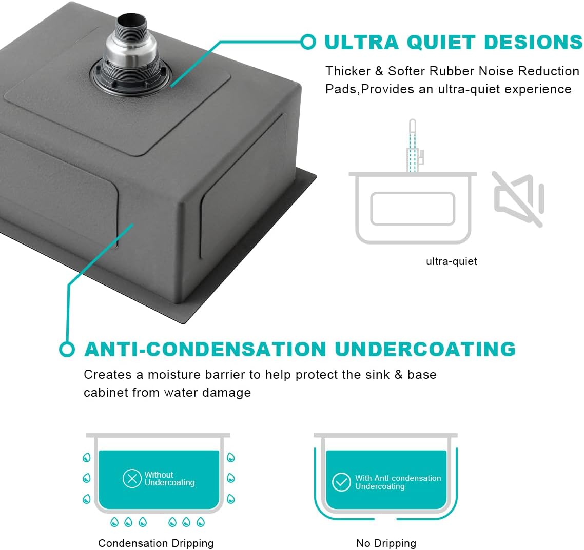 20-inch Undermount Kitchen Sink Black, T304 Stainless Steel Single Bowl Kitchen Sink Undermount, 9-inch Deep Sink Bowl Small Bar Sink, D20"xW16"xH9"