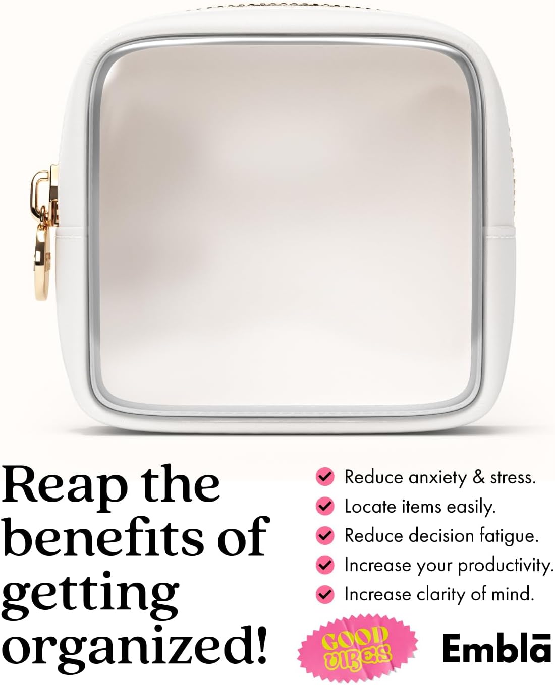 Clear Makeup Bag Zipper Pouch, Transparent Cosmetic Case Organizer, TSA Approved Travel Toiletry Case, Travel Accessories Essentials Makeup Tote for Women, Mini Cute Make up Bag for Purse - White