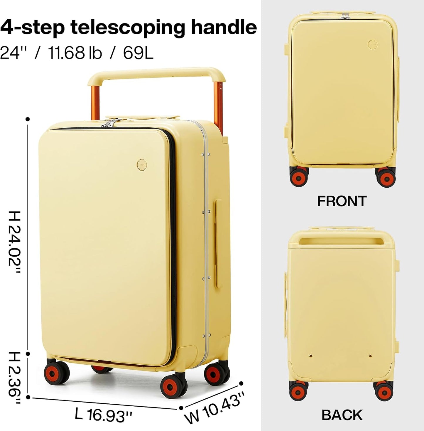 mixi Checked Luggage Wide Handle Luxury Design Rolling Travel Suitcase PC Hardside with Aluminum Frame Hollow Spinner Wheels, with Cover, 24 inch, Lark Yellow