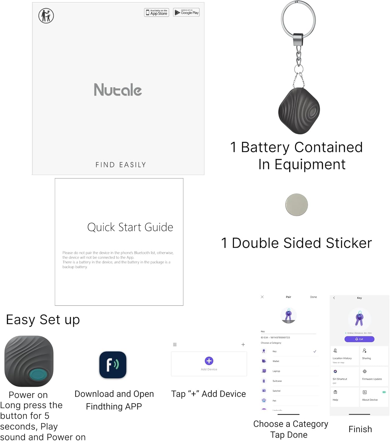 Key Finder - 1PCS Bluetooth Tracker Item Locator with Key Chain for Keys Pet Wallets or Backpacks and Tablets, Batteries Include