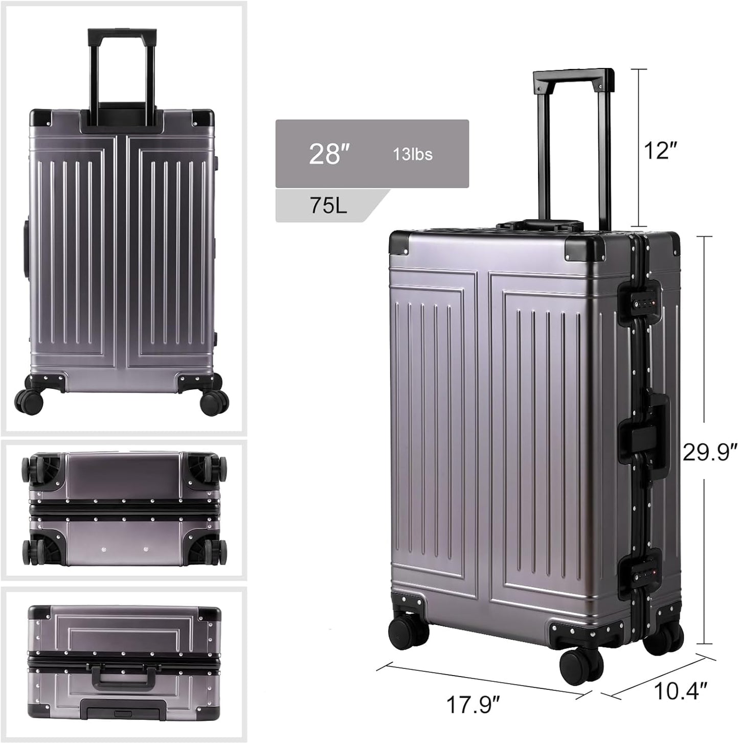 All Aluminum Magnesium 28inch LuggageοΌCut from Whole Aluminum SheetοΌ3rd Generation,Premium Metal zipperless suitcase οΌ (grey, 28inch)