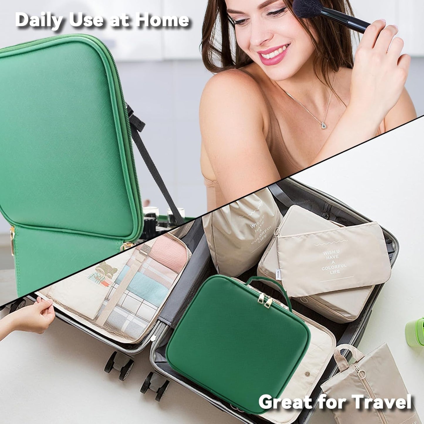 Travel Makeup Bag with LED Mirror and 10x magnifying glass with 3 Lighted Settings, Adjustable Dividers and Makeup Brush Storage Bag Dark Green
