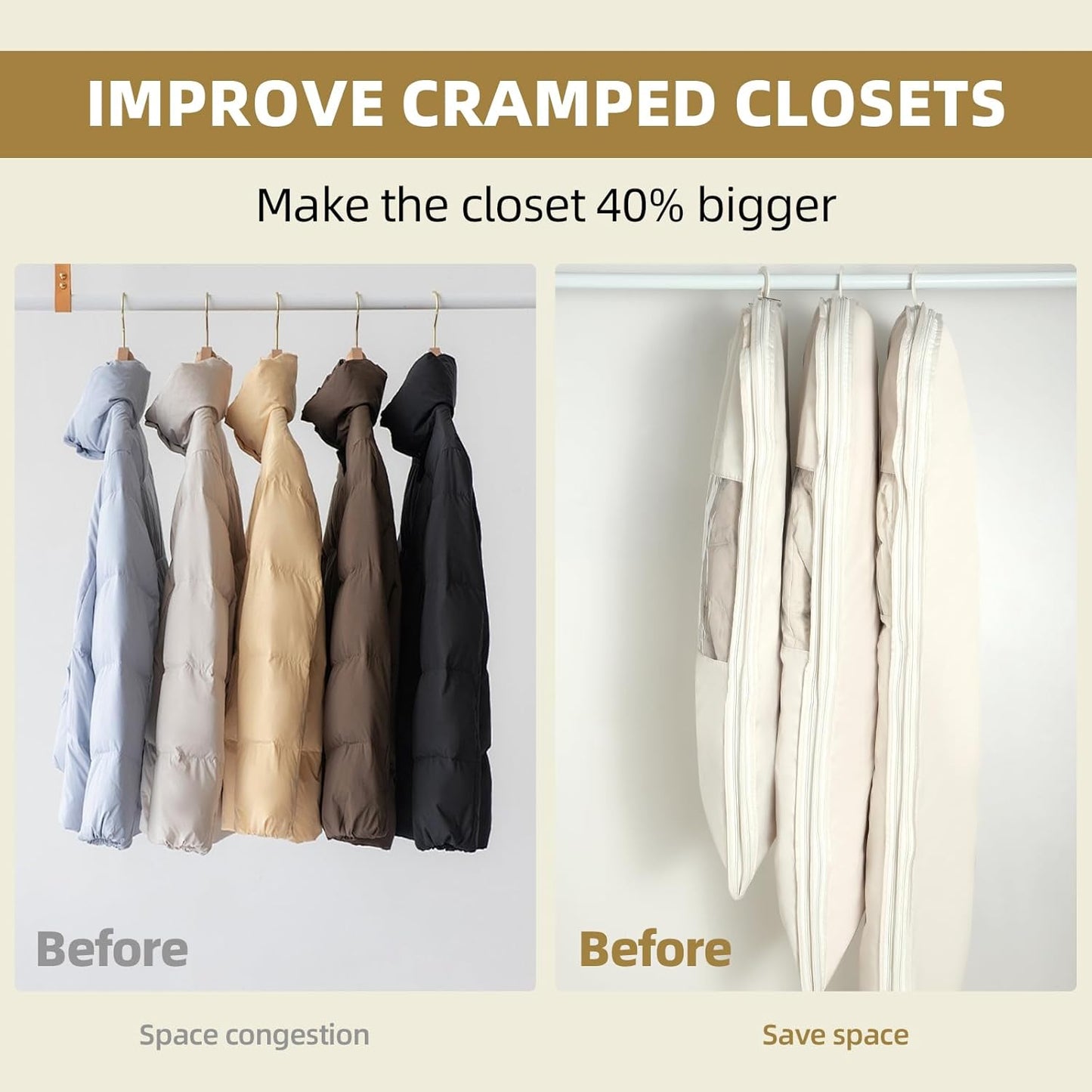 2 Packs Space Saving Garment Bag with Self Compression Zipper, Travel Suit Bags for Closet Storage, Hanging Garment Bag for Coats, Down Jackets (XLarge, Beige)