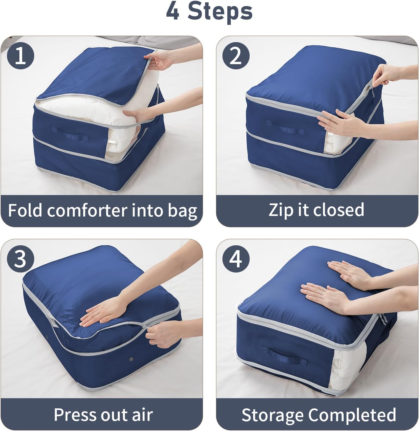 DIMJ Comforter Storage Bag 4 Pack - Blanket Storage Organizer Compression Bags, Large Capacity Ultra Space Saving Self Compression Organize for Bedding, Pillow, Duvet, Sheet Storage with Zipper Window