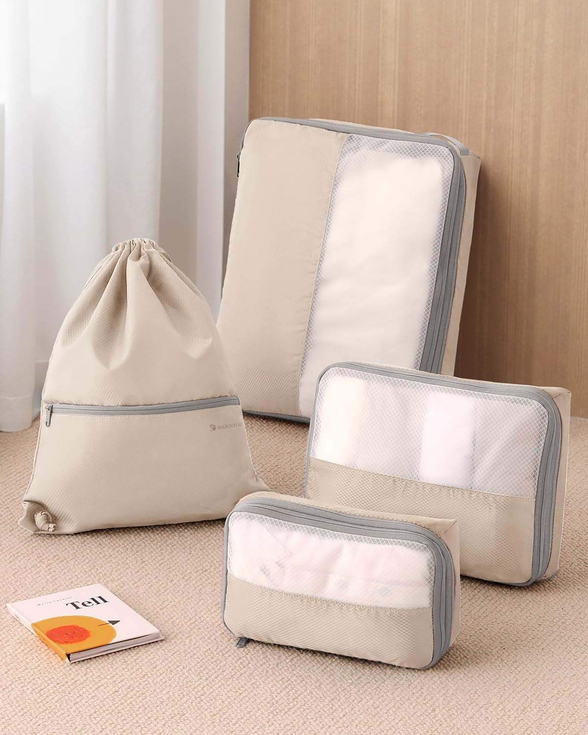 4 Set Compression Packing Cubes for Travel, Bonus Versatile Drawstring Backpack, Lightweight Luggage Organizer Bags, Sturdy Travel Accessories for Suitcase, Beige