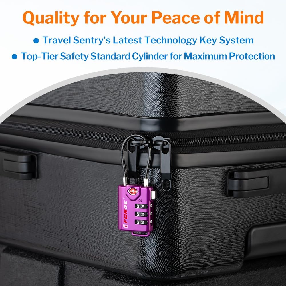 Forge TSA Approved Luggage Locks, Re-settable Combination with Alloy Body (Dark Purple 4 Locks)