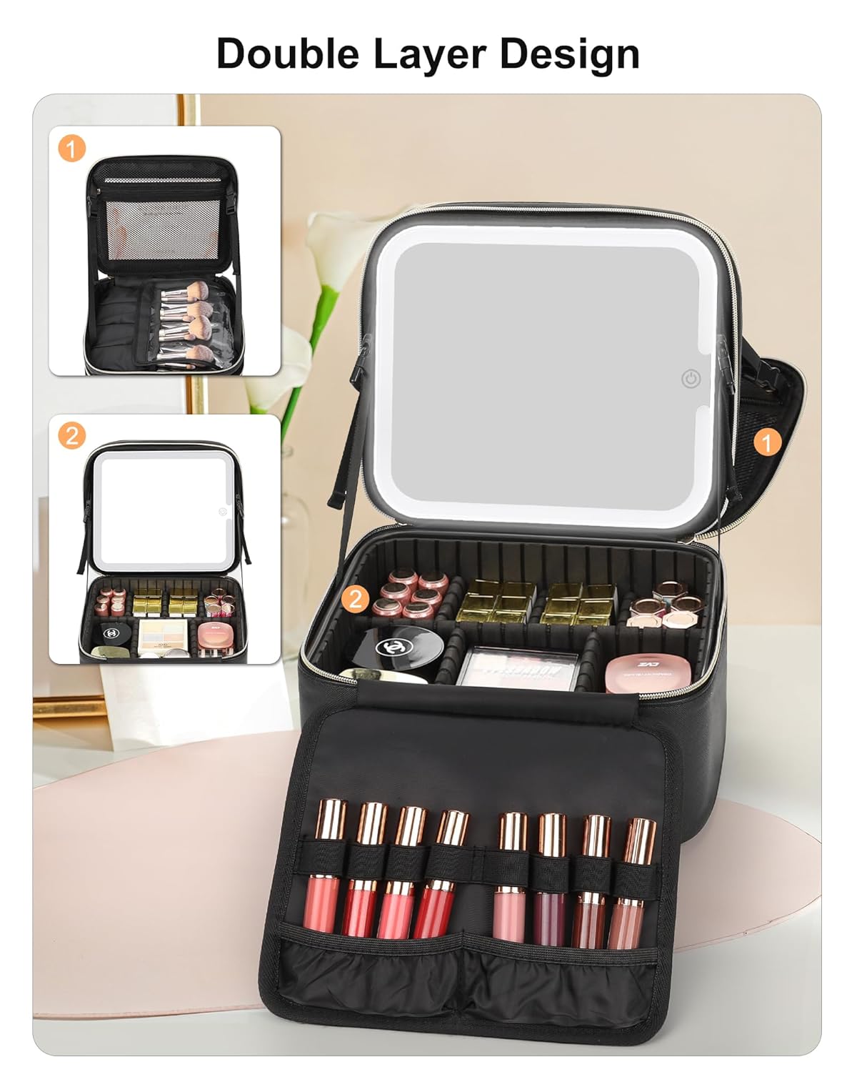 Relavel Makeup Bag with LED Mirror, Small Travel Makeup Case with Rechargeable Lighted Mirror 3 Color Lights, Double Layer Cosmetic Box Makeup Brush Lipstick Holder Organizer for Women, Black