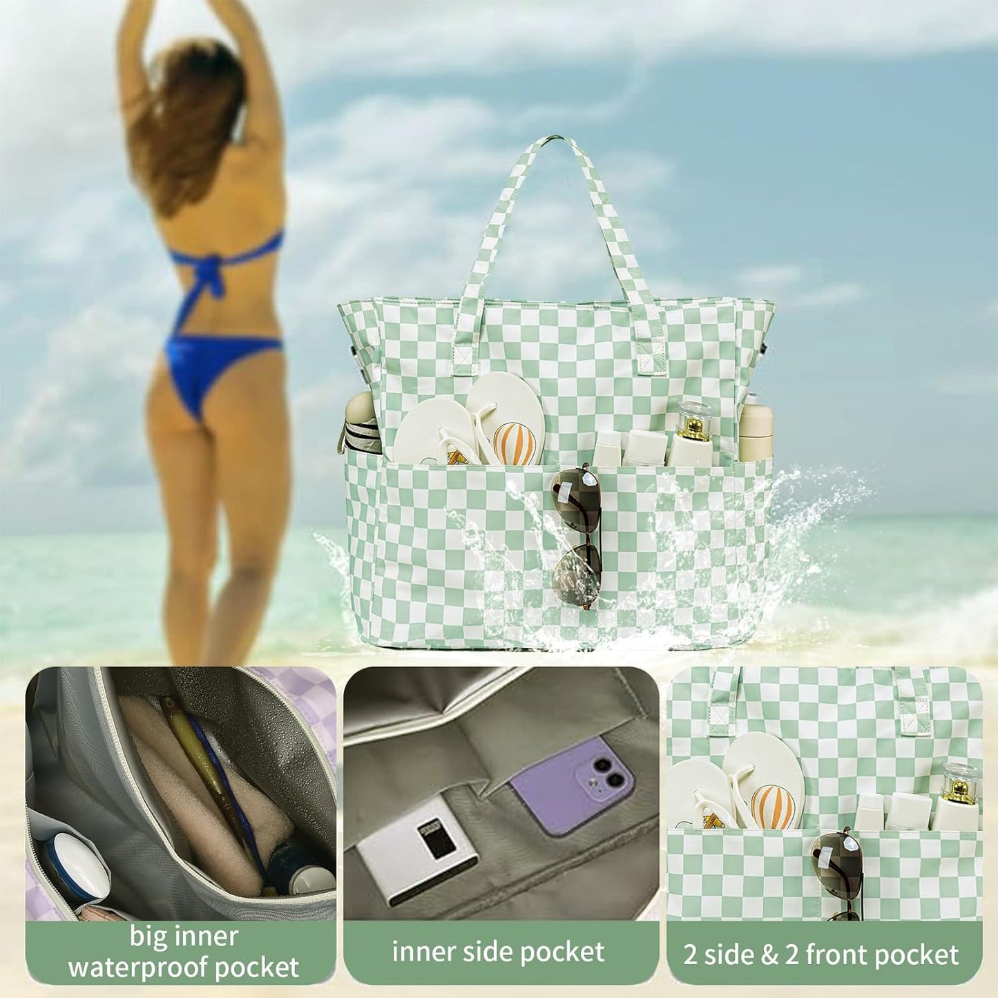 LEDAOU Large Beach Tote Bag Women Waterproof Sandproof Zipper Beach Tote Bag for Pool Gym Grocery Travel with Wet Pocket