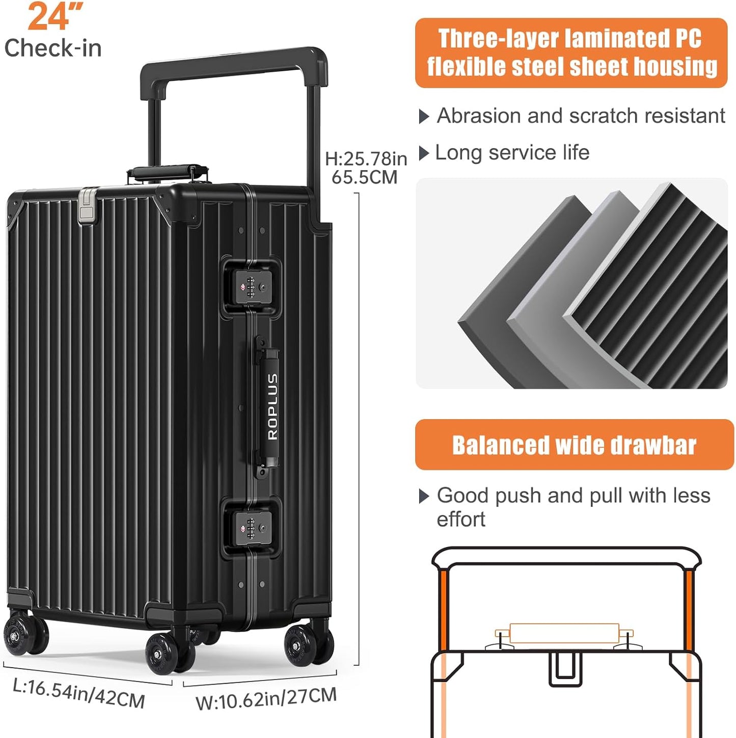 Aluminium Frame Checked-Luggage with Smooth Jelly Wheels, Hardside Zipperless Rolling Suitcase with TSA Lock (Pure Black, 24-Inch)