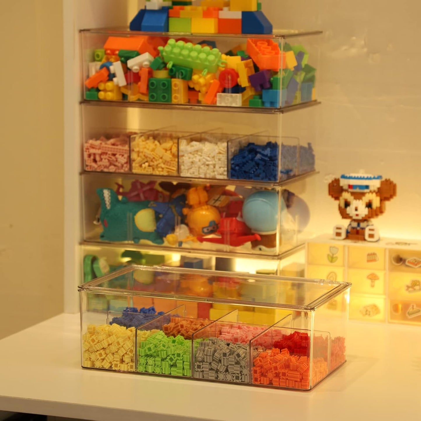 Yesesion Clear Plastic Storage Bins with Lid, Large Cable Organizer Box with Lid and 20 Wire Ties, Adjustable Electronic Cord Management Case for Desk Drawer, Home Office, Art Crafts Supply (2 PACK)