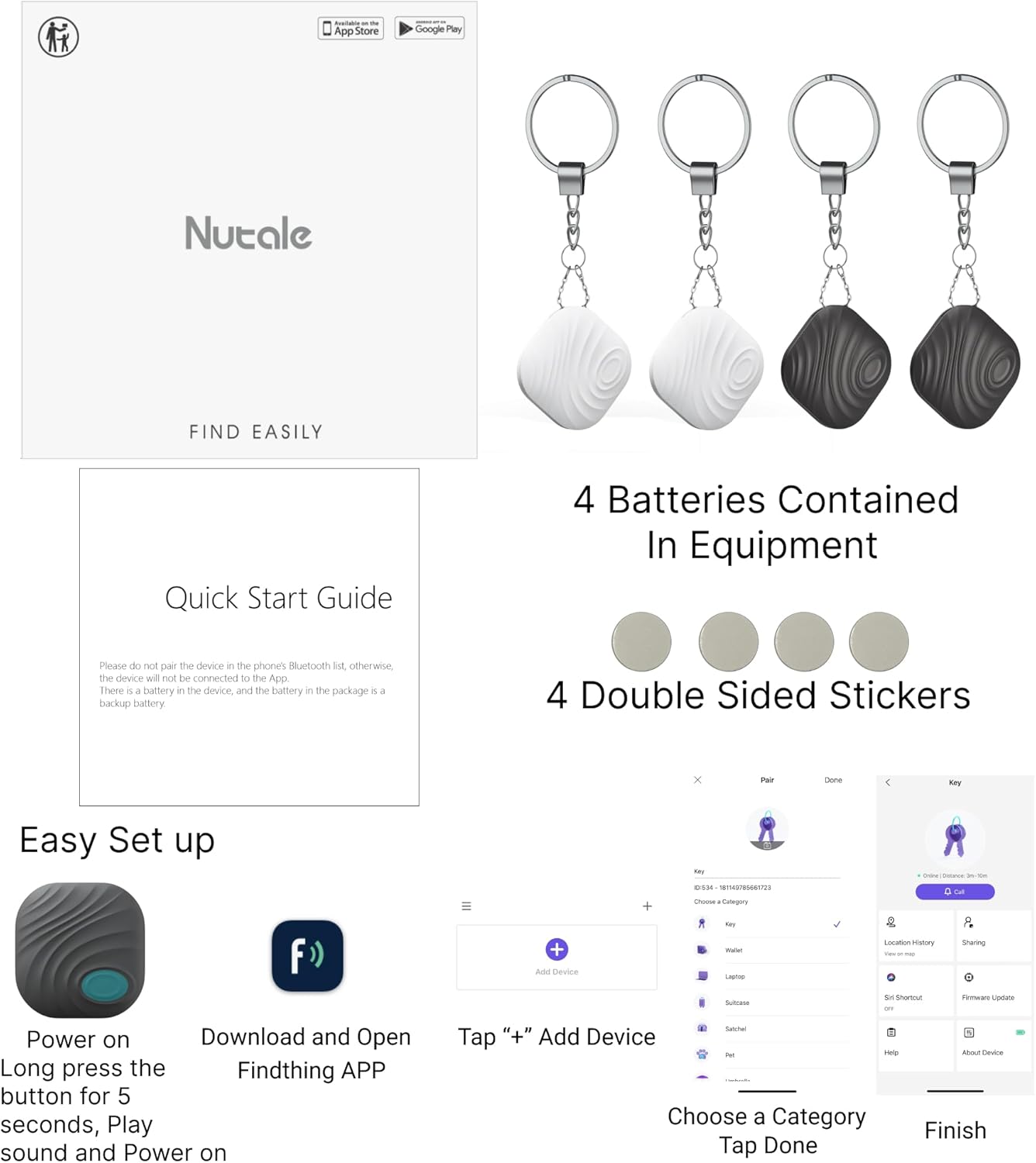 Key Finder, Bluetooth Tracker Item Locator with Key Chain for Keys Pet Wallets or Backpacks, Bluetooth Locator Tags Android and iOS Batteries Include