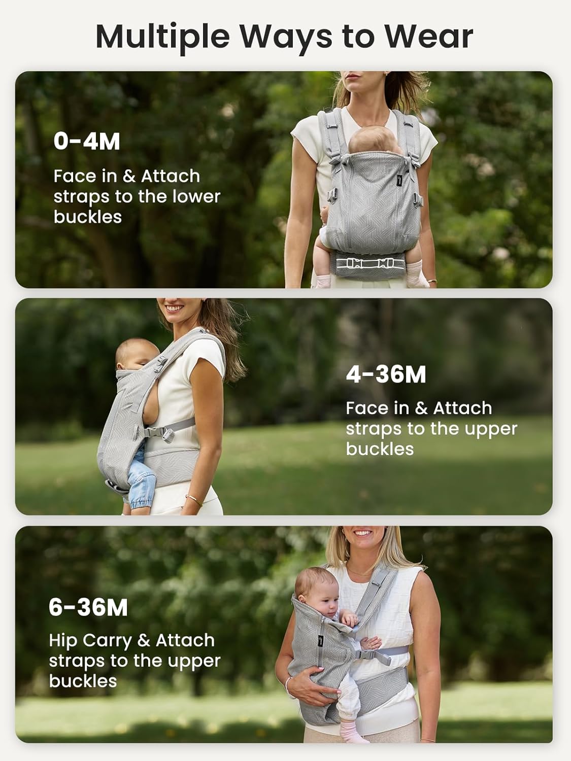 GROWNSY Baby Carrier Newborn to Toddler 7-44lbs, All Season Design with Adjustable Mesh Panel, Ergonomic Baby Carriers with Lower & Upper Buckle, Hands-Free Parenting, Gray