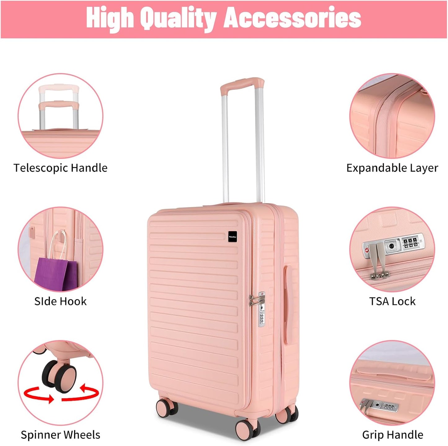 3-Piece 20/24 Top Opening Hardshell Lightweight Luggage and 28-Inch Clamshell Opening Suitcase with Spinner Wheels & TSA Locks for Woman Girls Travel, Pink 20in/24in/28in