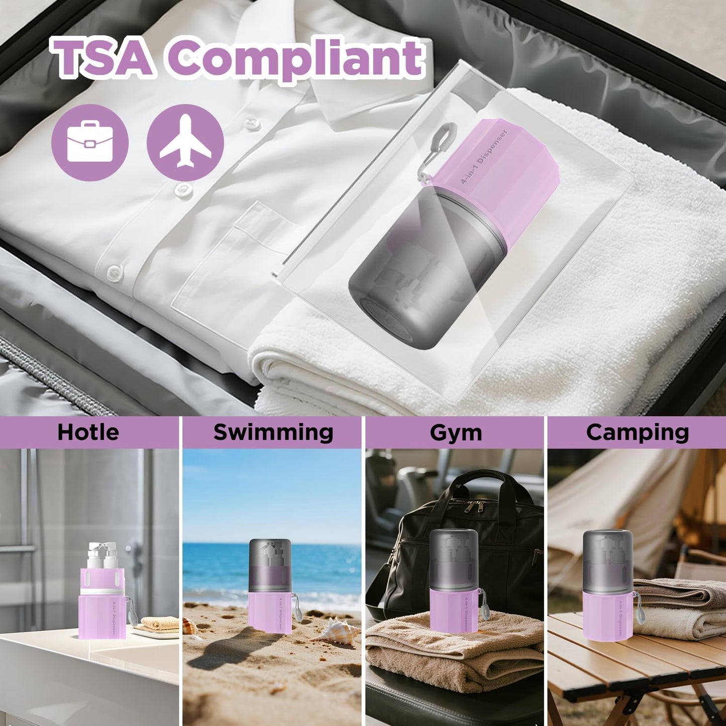 4 in 1 Travel Toiletry Containers,TSA Approved Refillable Travel Size Toiletries Bottles Set with Suction Cup for Smooth Walls - for Shampoo,Conditioner,Body Wash,Lotion.(Pink)