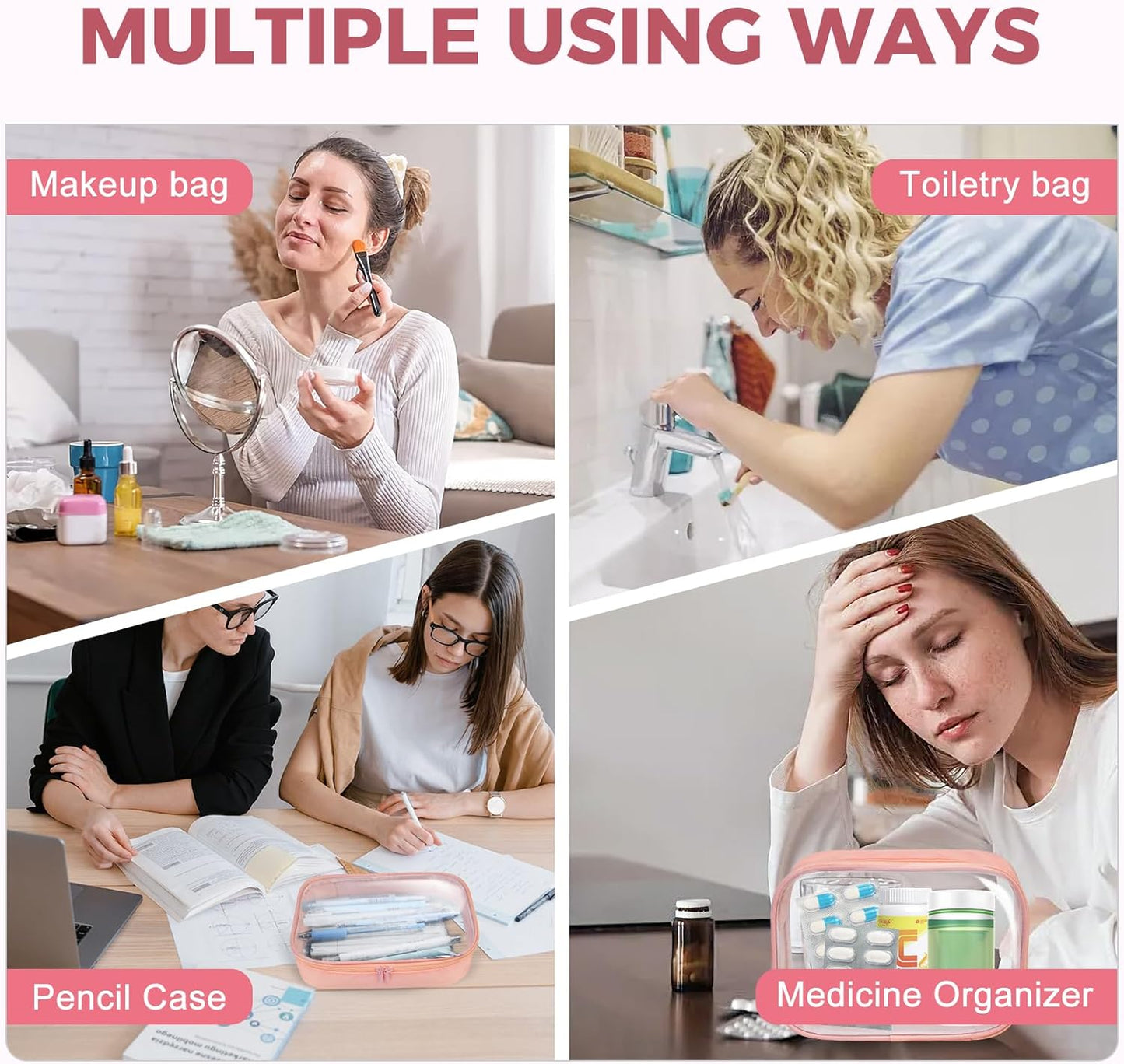 Moyad TSA Approved Clear Toiletry Bag, 2 Pack Quart Size 3-1-1 Liquids Pouch for Travel, Transparent Makeup & Cosmetic Organizer for Women Men, Peach Pink