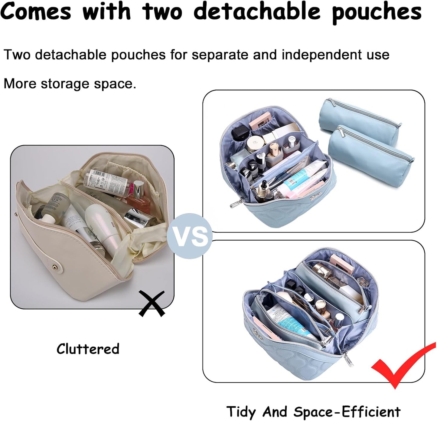 Travel Makeup Bags for Women Cosmetic Bag: Puffy Make up Bags Set of 3 - Vegan Leather Makeup Organizer - Waterproof Large Toiletry Bag with Compartments - Travel Essentials (Blue)