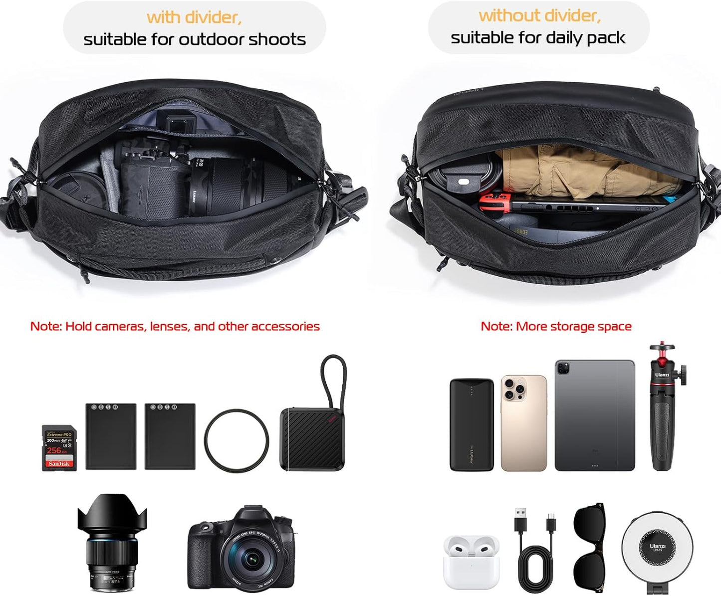 ULANZI Camera Sling Bag, Water-Resistant Camera Case with Tripod Holder, DSLR/SLR/Mirrorless Camera Bags Crossbody for photographers - Black