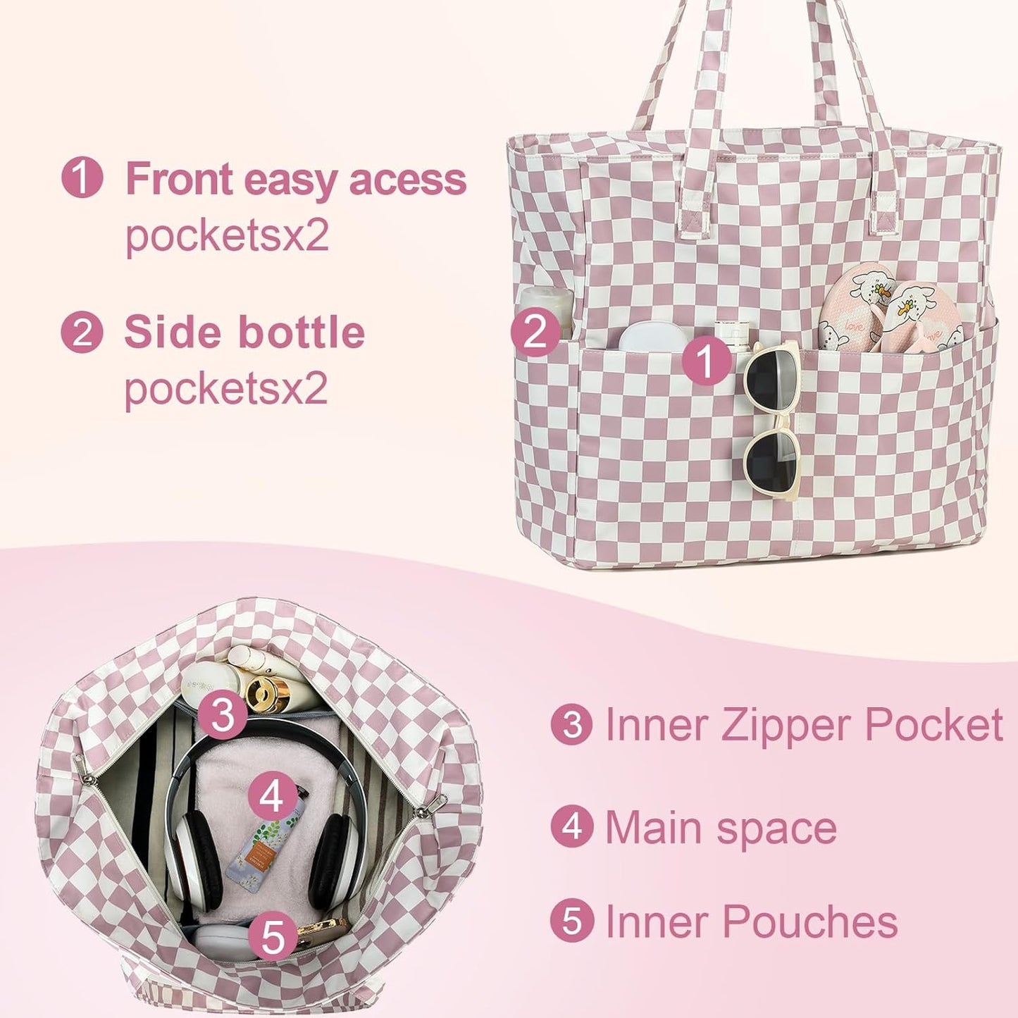 LEDAOU Beach Bag Waterproof Sandproof Women Tote Bag Pool Bag with Zipper for Gym Grocery Travel with Wet Pocket