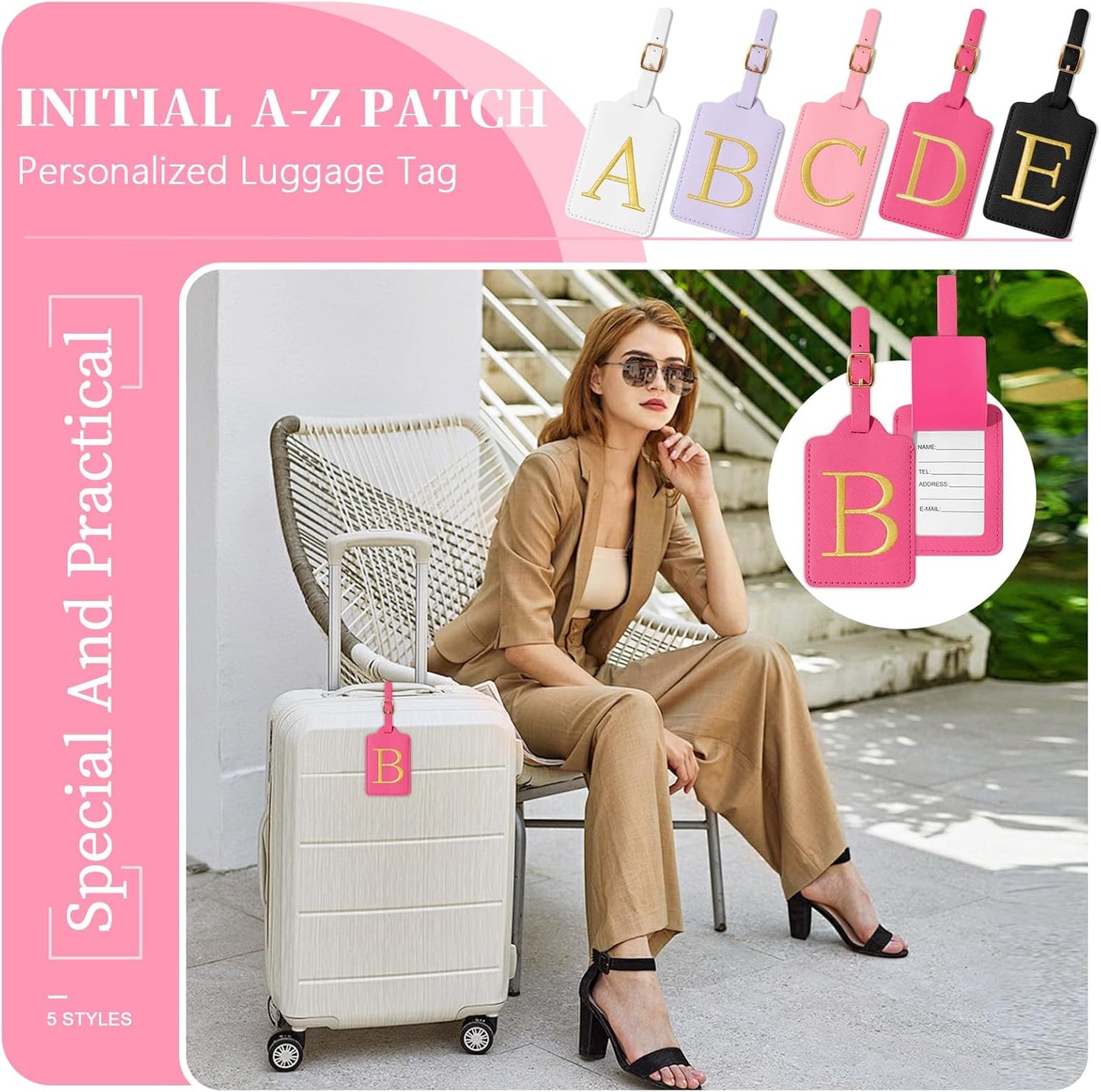 Personalized Initial Luggage Tags for Suitcase, Rose Red Leather Cute Luggage Tags with Privacy Cover Name Card, Embroidered Custom Monogram Luggage Tags Travel Backpack Tag Gifts for Women Kids(A)