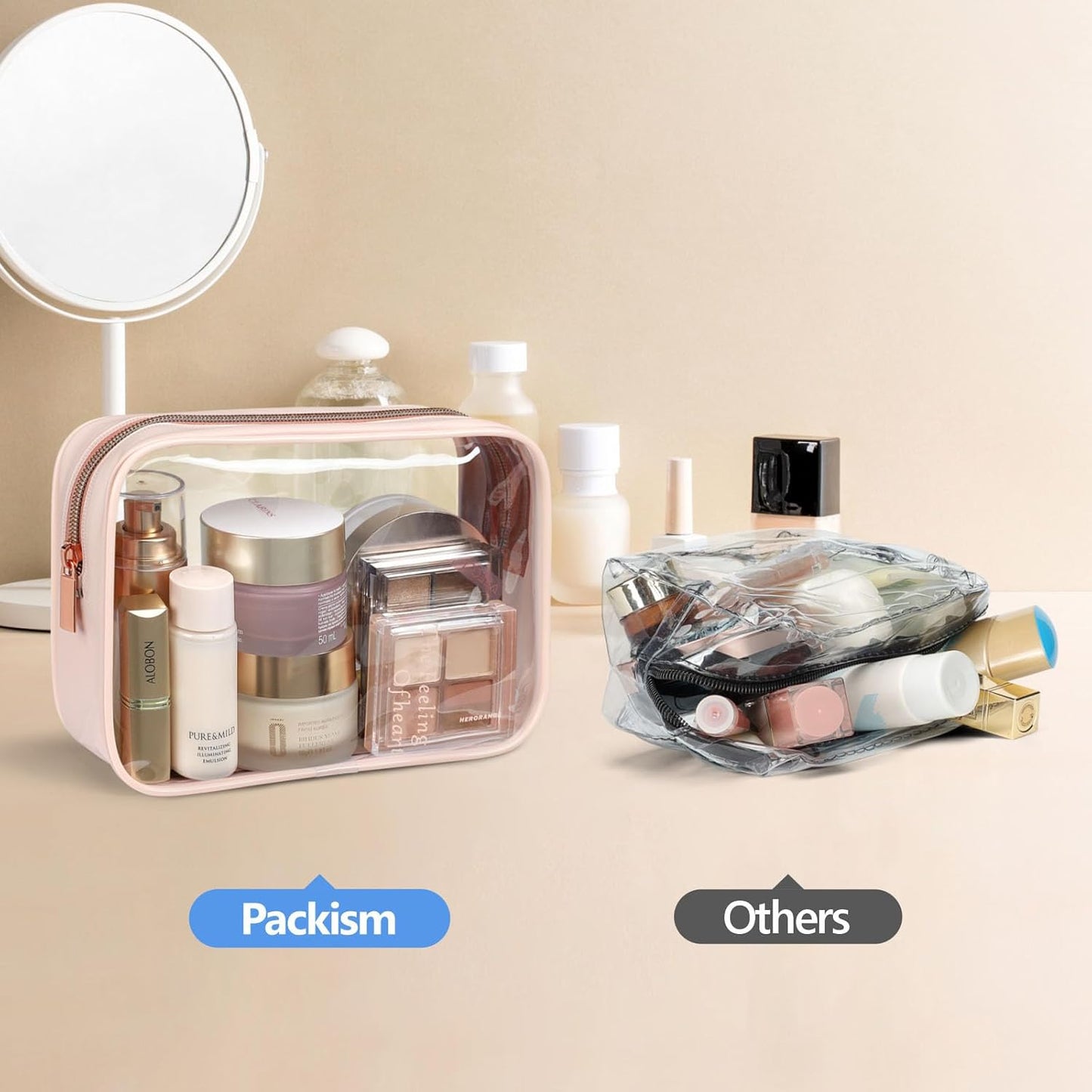 PACKISM TSA Approved Toiletry Bag - Clear Makeup Bag Waterproof Quart Size Bag, Travel Makeup Cosmetic Bag for Women, Carry on Airport Airline Compliant Bag, 4 Pack