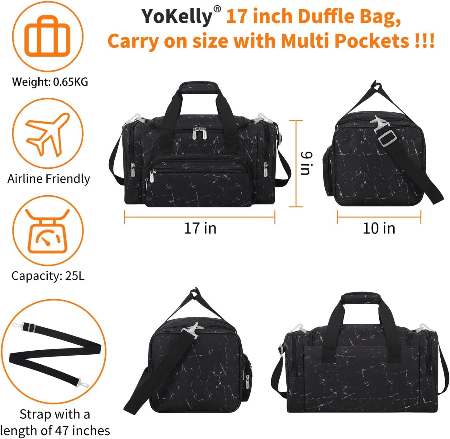 17 inch Small Duffle Bag - Carry On Weekender Bag for Travel Gym Sport - Black Marble