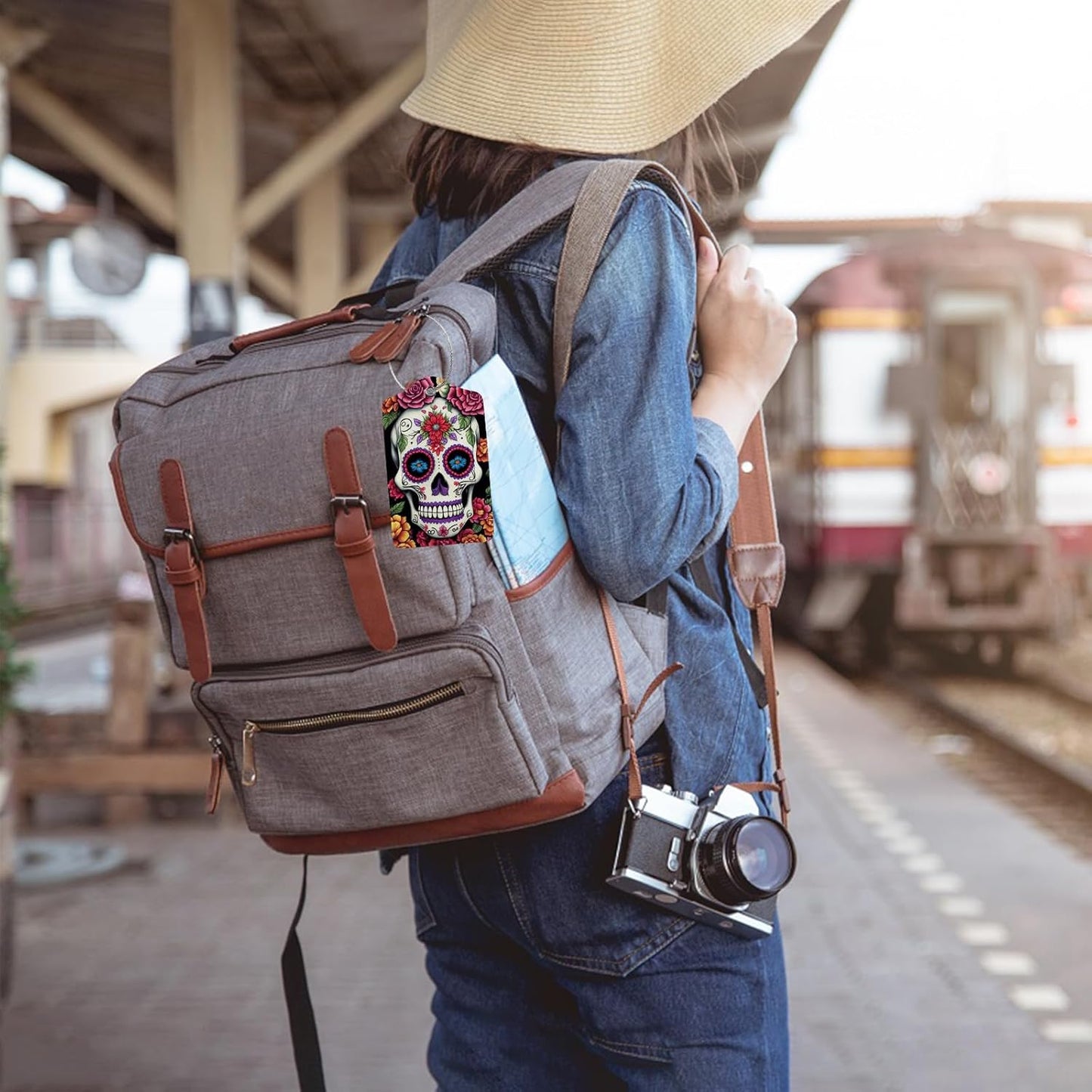 Skull Flower Diamond Art Luggage Tags for Suitcases,2 Pack Luggage Tag, Leather Stainless Steel Loop Label Tag for Women Girl Travel Bag Suitcase