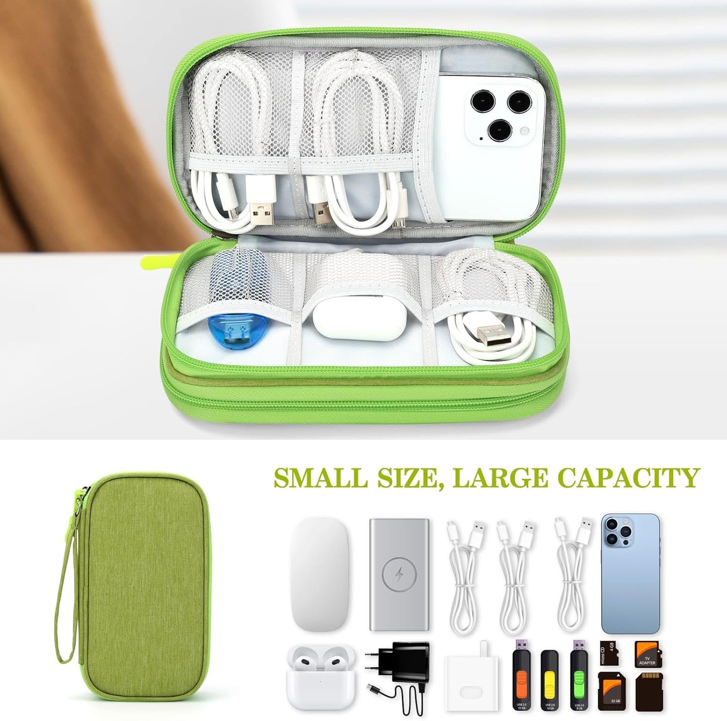 FYY Travel Cable Organizer Pouch Electronic Accessories Carry Case Portable Waterproof Double Layers All-in-One Storage Bag for Cord, Charger, Phone, Earphone Green