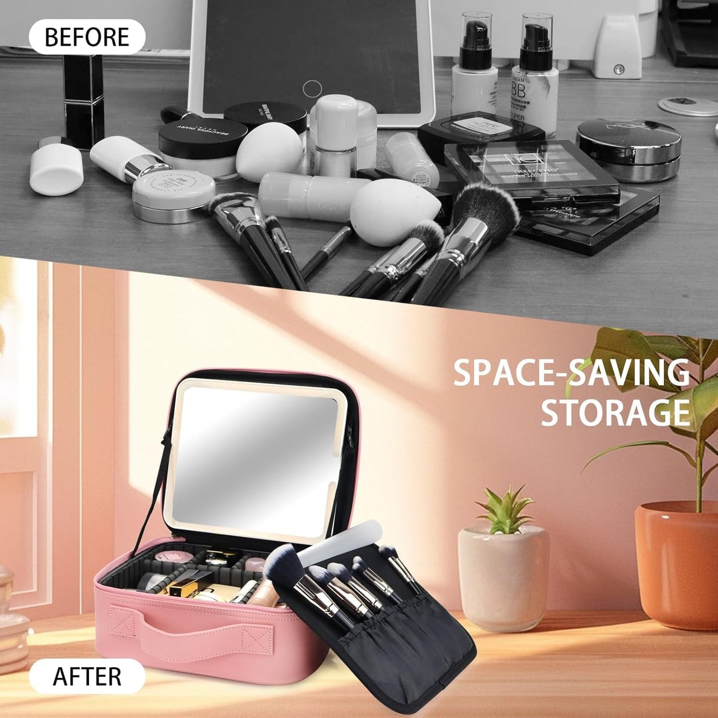 Makeup Bag with Led Mirror,Travel Makeup Organizer with 3 Color Setting & 10X Magnifying Mirror, Portable Storage and Adjustable Dividers Travel Makeup Bag-pink