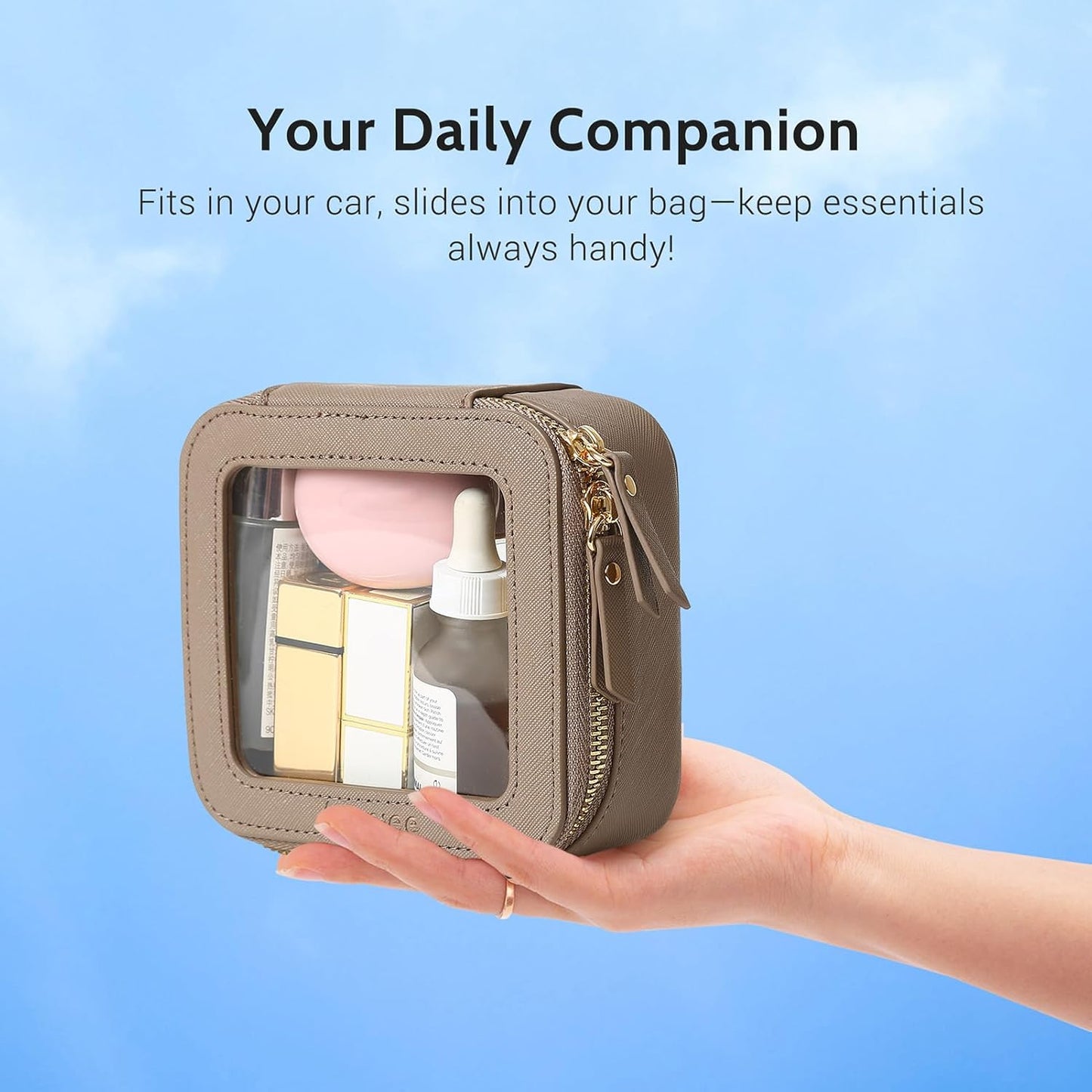 Aveniee Mini Clear Makeup Bag, Small Cosmetic Bags Travel Toiletry Pouch Organizer, TSA Approved Make up Case with Zipper, Car Bag for Essentials,Taupe