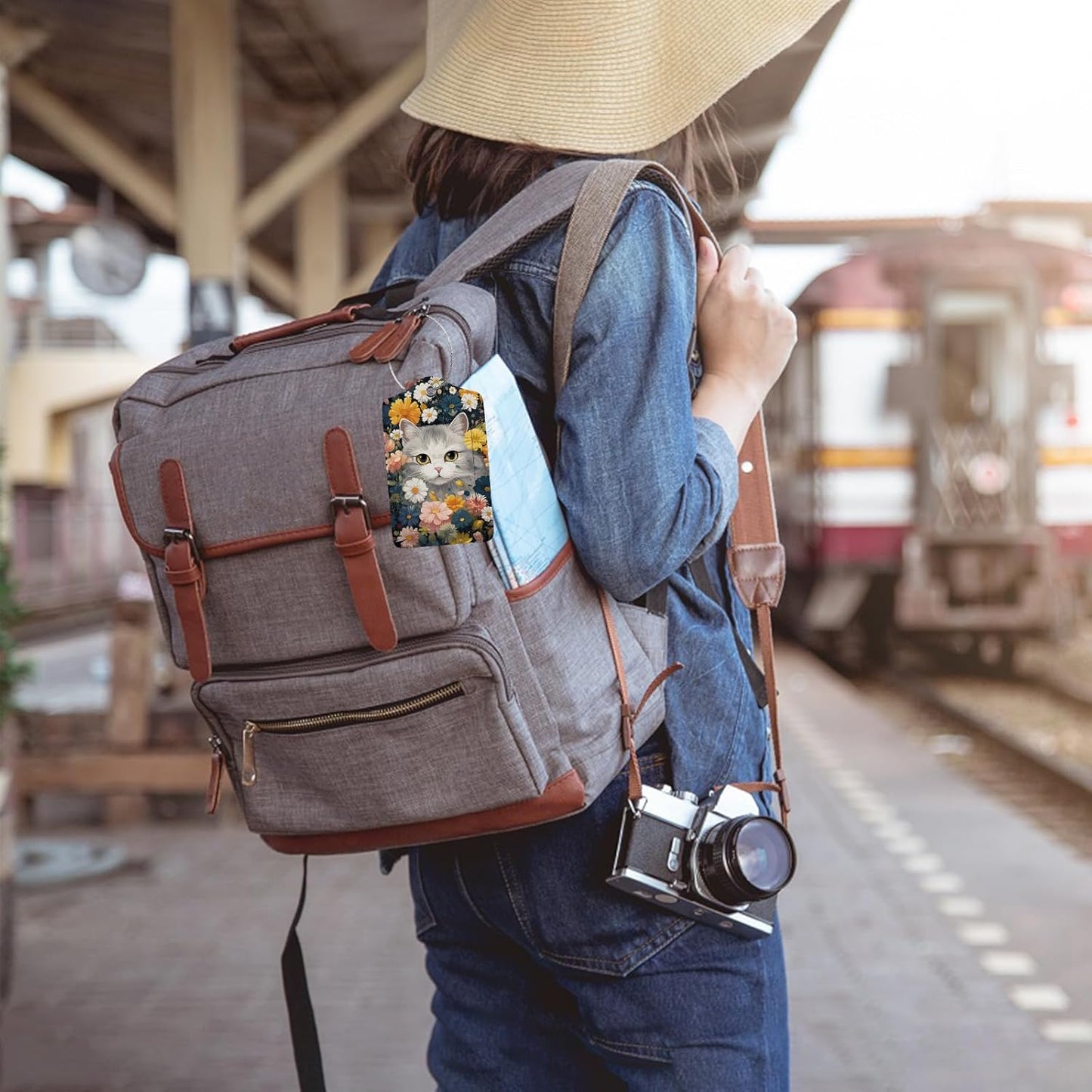 Cute Cat in Flowers 2 Pcs Luggage Tags,Privacy Cover ID Label with Stainless Steel Loop and Address Card for Travel Bag Suitcase,