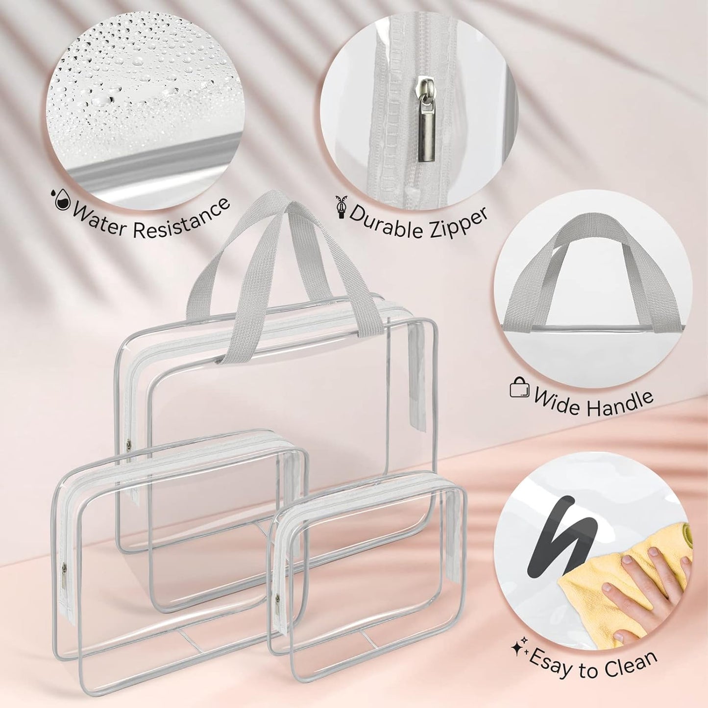 TISRATOK 10 PCS Clear Travel Makeup Toiletry Bag, Plastic PVC Cosmetic TSA Approved Organizer Kit with Zipper Handbag(Grey)