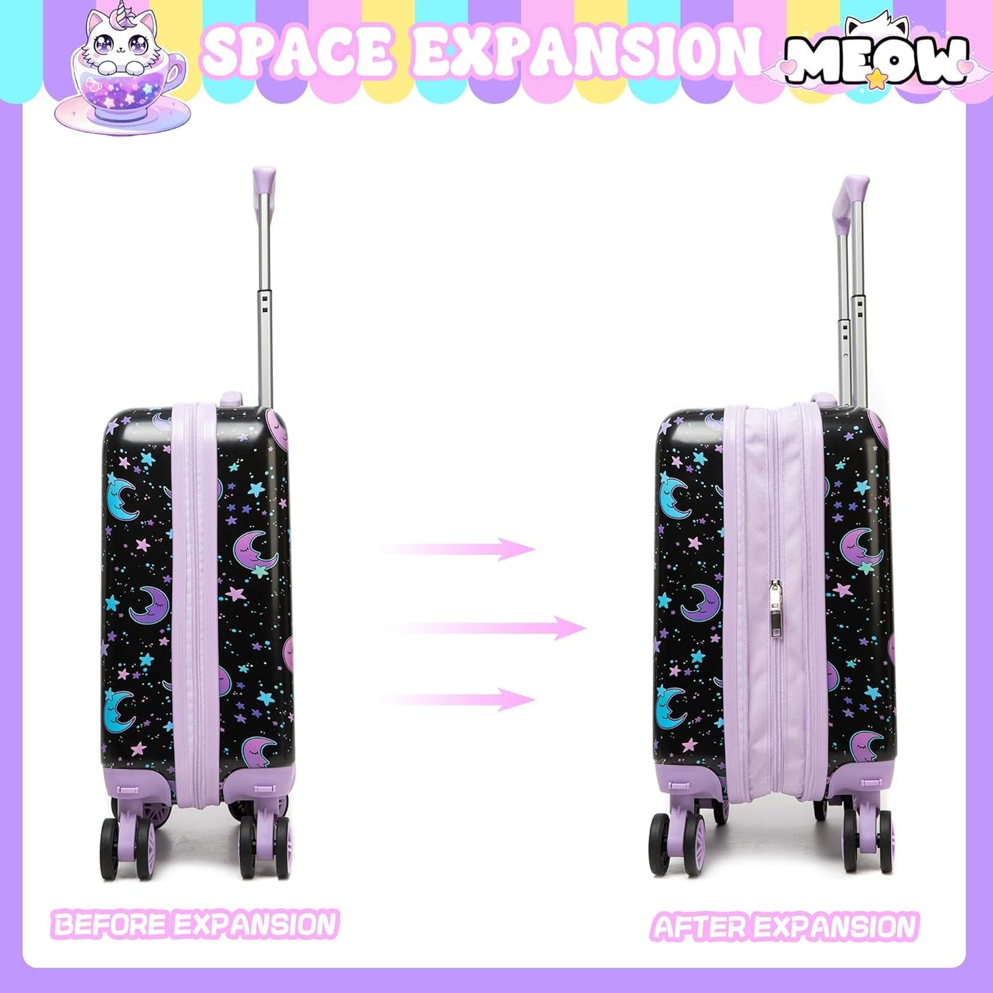 Kid's Luggage Set 5 Piece Suitcase Set 16' Hardside Spinner Wheels Girls Carry On Toddler Travel Rolling Airline Approved