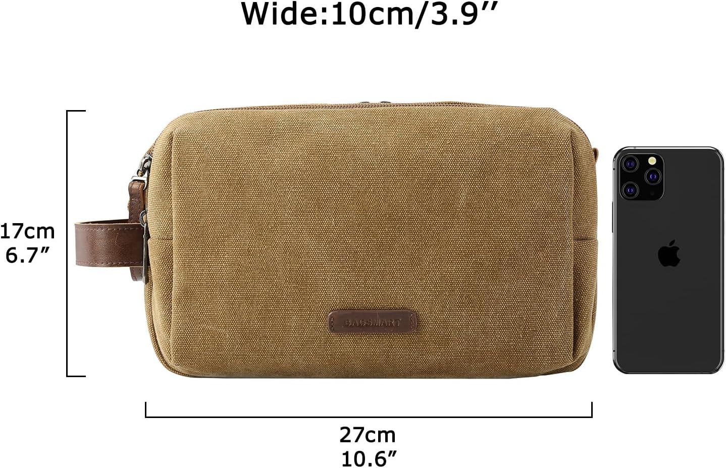BAGSMART Toiletry Bag for Men, Canvas Travel Toiletry Organizer Dopp Kit Water-resistant Shaving Bag for Toiletries Accessories,Khaki-Medium