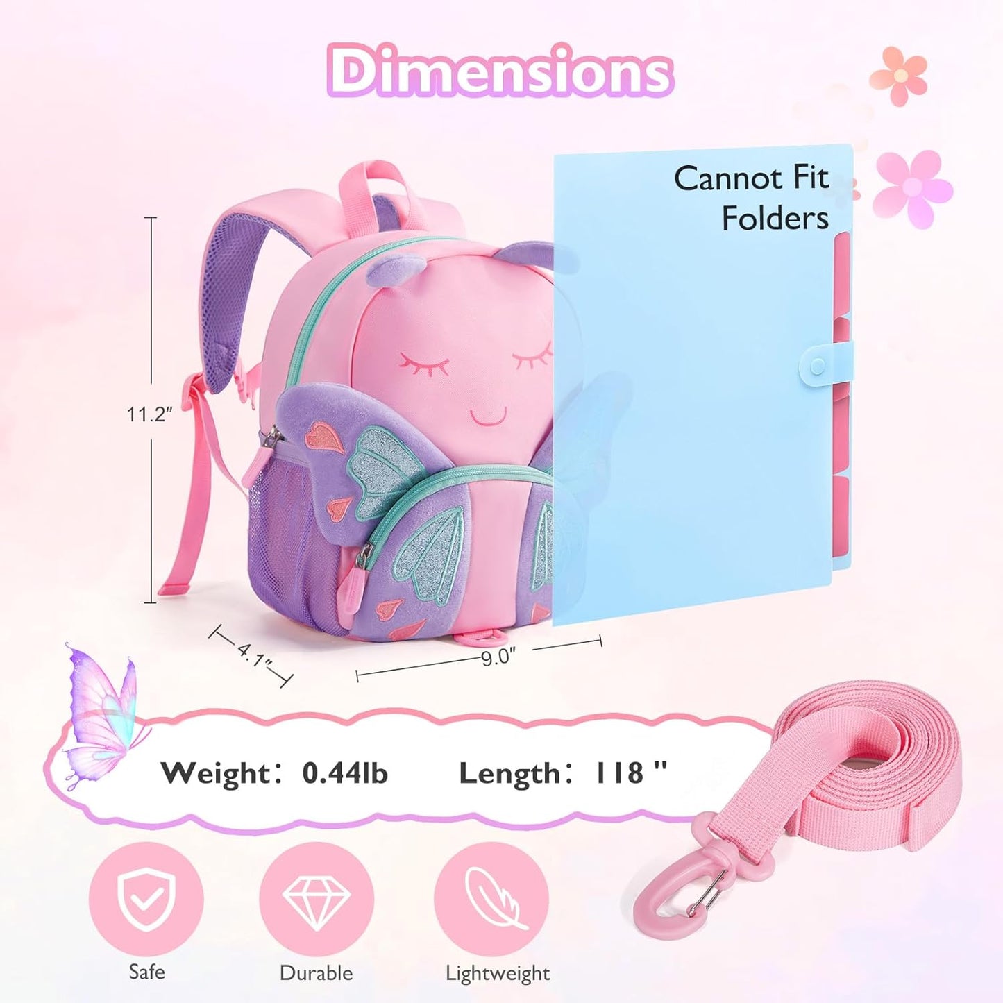mommore Toddler Backpack for Girls 2-4, 3D Cartoon Cute Kids Backpack Water-Resistant Compact for Travel Preschool with Toddler Leash, Chest Buckle, Butterfly