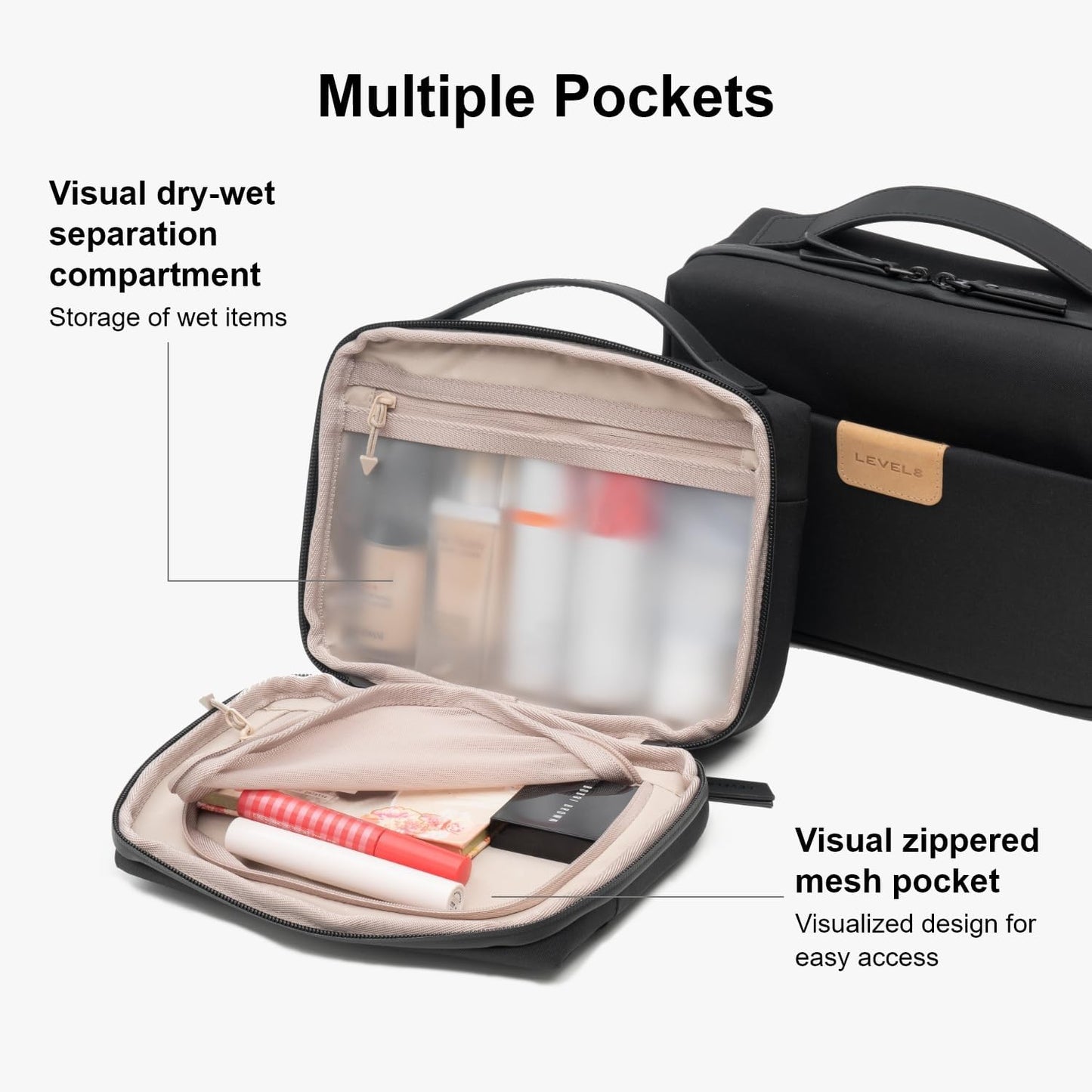 LEVEL8 Travel Toiletry Bag for Men Women, Water Repellent Shaving Bag for Toiletries Accessories, Storage Bags with Divider and Handle, Small/Black
