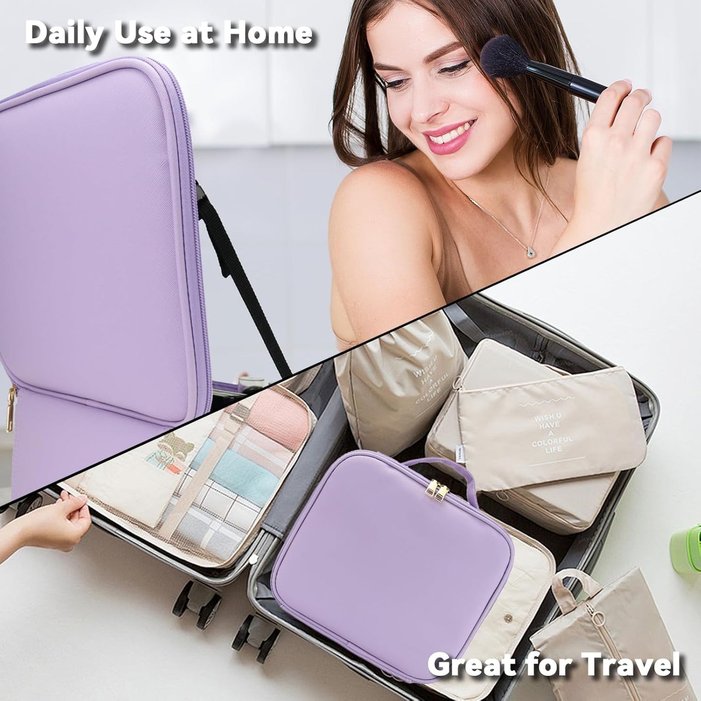 Travel Makeup Bag with LED Mirror and 10x magnifying glass with 3 Lighted Settings, Adjustable Dividers and Makeup Brush Storage Bag Purple