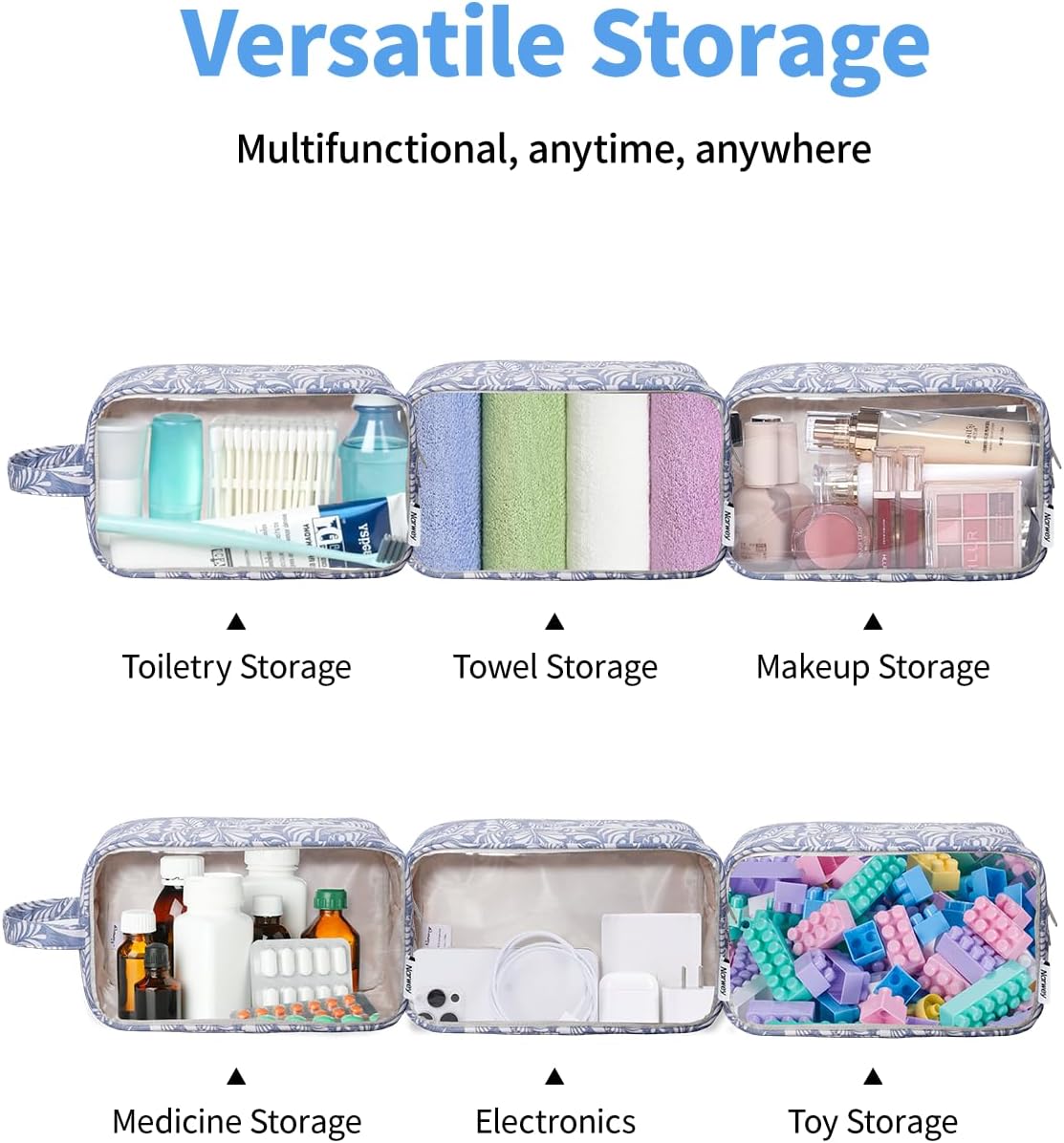 Narwey Clear Toiletry Bags for Traveling Women Men, Clear Travel Bags for Toiletries Makeup Bag Cosmetic Bag with Zipper, Make Up Organizer, Skincare Bag (Blue Leaf)