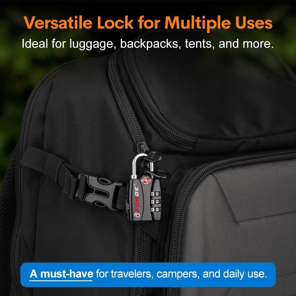 Forge Luggage Locks TSA Approved Black 1 Lock, Small Combination Lock with Zinc Alloy Body, Open Alert, Easy Read Dials, for Travel Suitcase, Bag, Backpack, Lockers.
