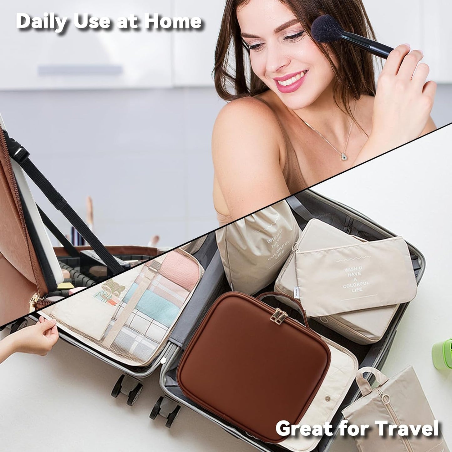 Travel Makeup Bag with LED Mirror and 10x magnifying glass with 3 Lighted Settings, Adjustable Dividers and Makeup Brush Storage Bag Dark Brown